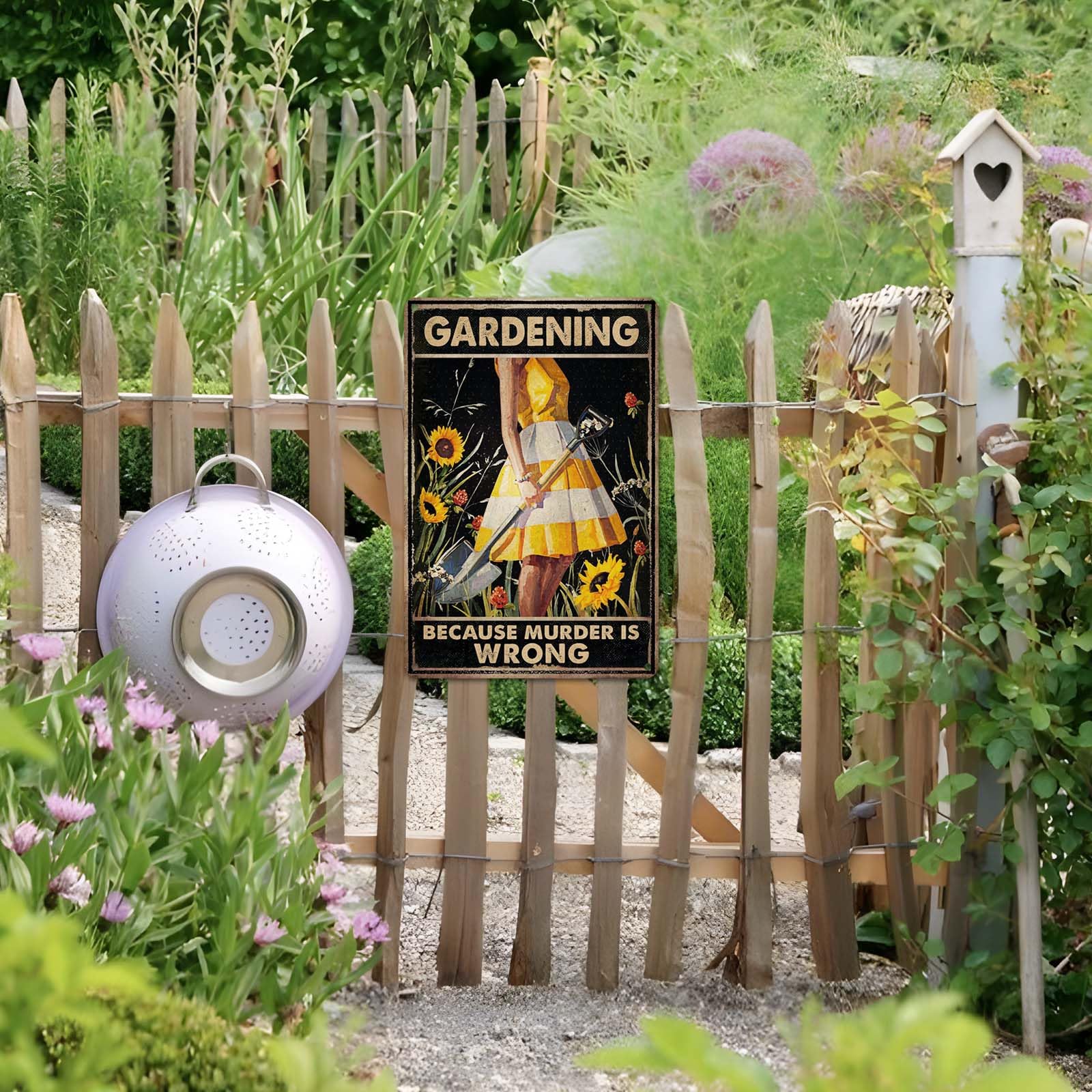 CrazySign Funny Garden Decor Garden Gifts Gardening Because Murder Is Wrong Metal Garden Sign Outdoor, 12" x 8", (263)