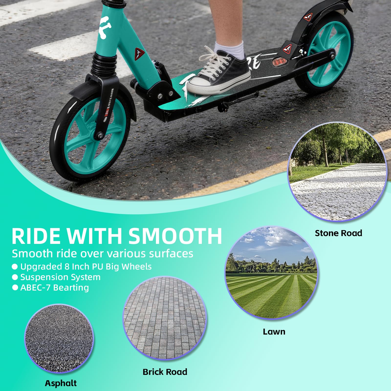 FREEDARE Kick Scooter for Kids & Adults Ages 8+, Foldable Teen Scooter with 2 Big 8-inch Wheels and 4-Level Adjustable Handlebar, Max Load 220 LBS, Green