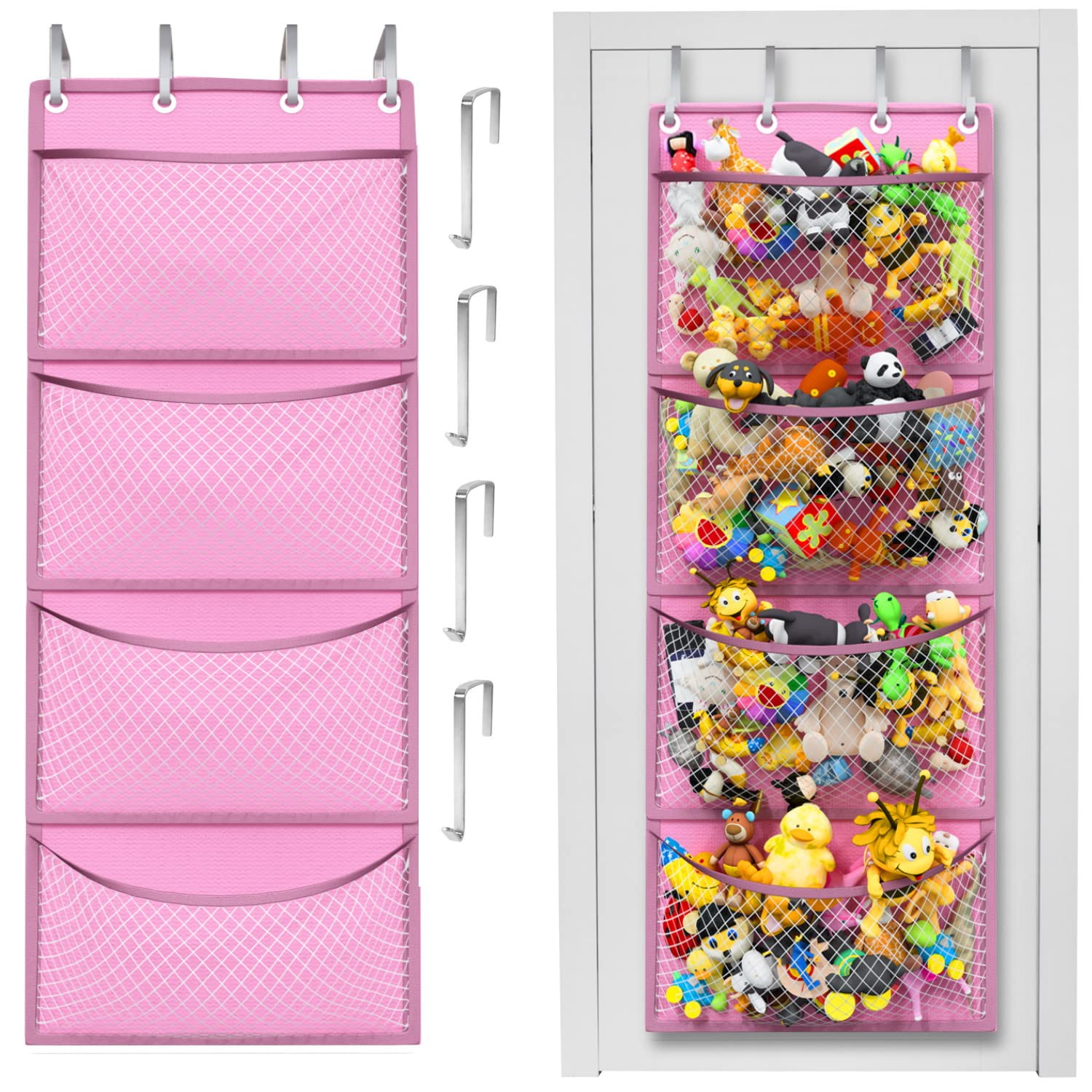 Honeyera Complete Plush & Toy Storage Bundle Pink Stuffed Animal Organizer & Squishmallow Holder – Quick Install, Perfect for Small Spaces