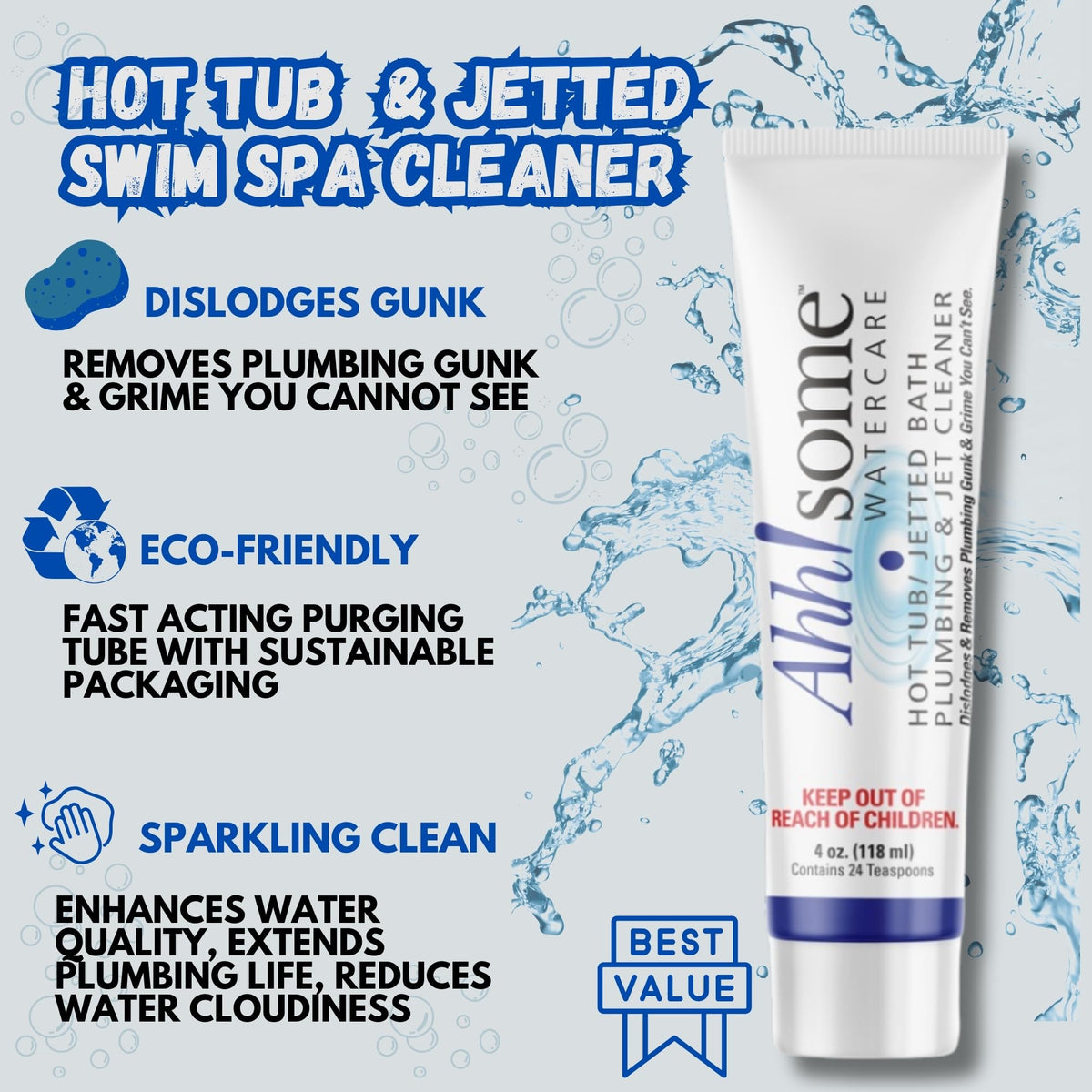 Ahh-Some Hot Tub Purge Cleaner & Jet Line Cleaner, Super Effective Cleaning for All Hot Tubs and Swim Spas, Removes Gunk & Grime from Deep Plumbing Systems, 4 oz Tube (8 Purges), Made in USA