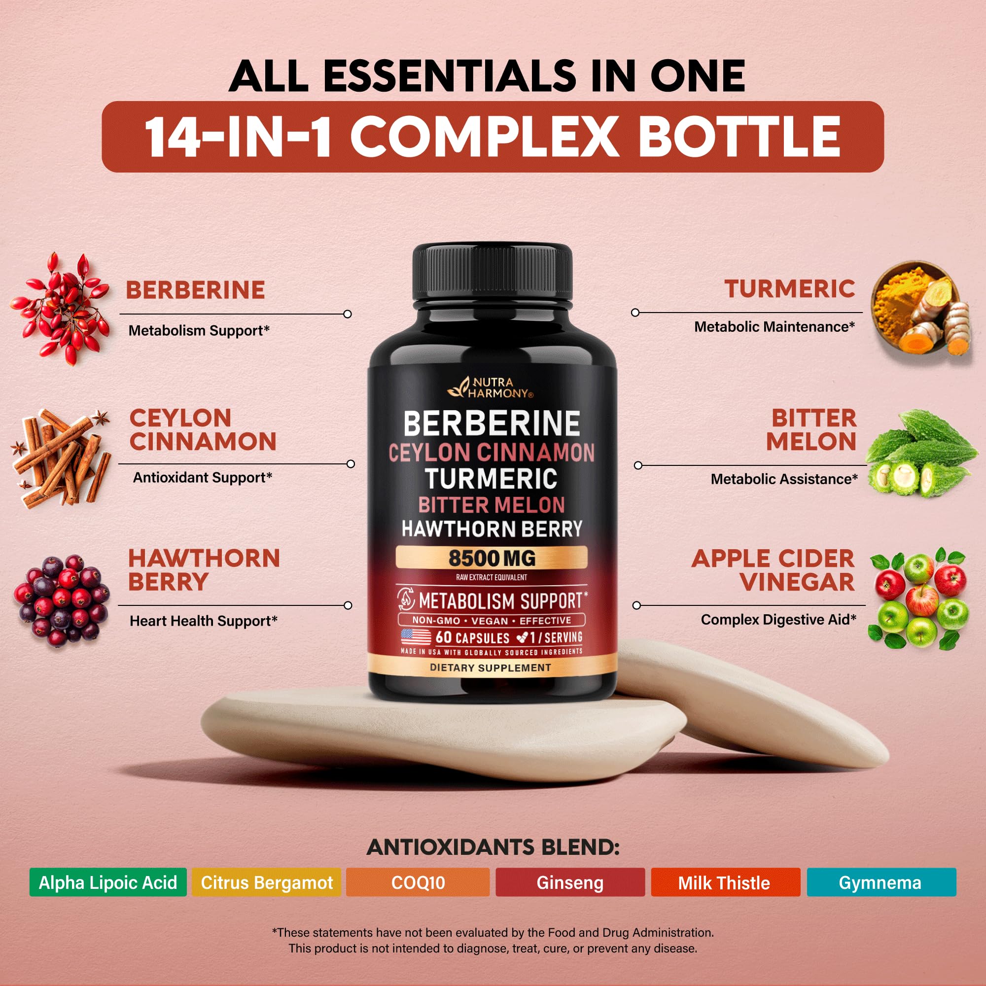 Berberine with Ceylon Cinnamon 8500 mg Apple Cider Vinegar | Hawthorn Berry | Citrus Bergamot | Bitter Melon | CoQ10 - 14-in-1 Supplement for Heart Support, Metabolism & Energy - Vegan, 60 Capsules