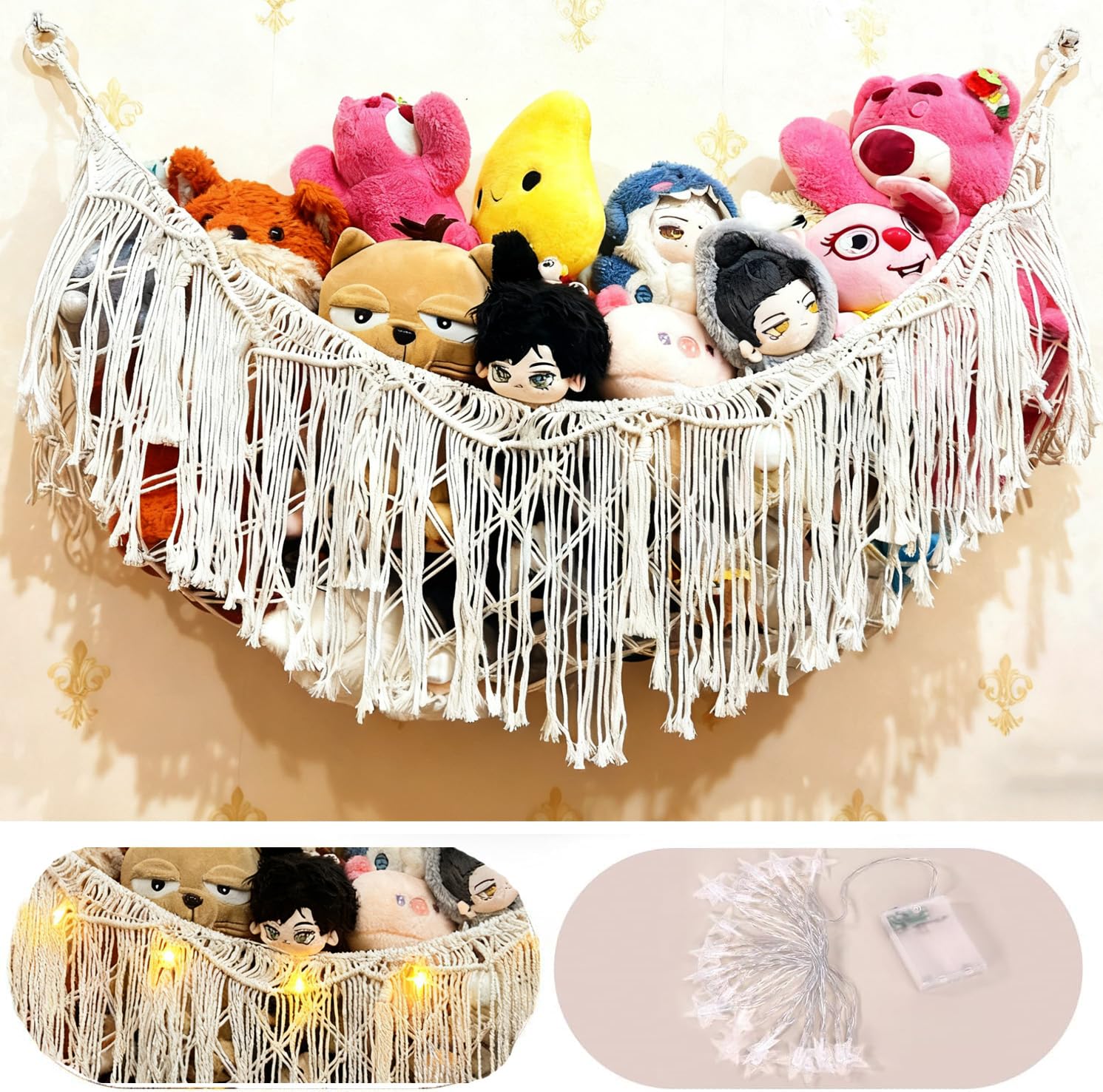 Stuffed Animal Hammock or Net With LED Lights Extra Large Wall Hanging Stuffed Animal Storage Nets for Teddy Bear Handmade Macrame Hanging Toy Net Hammock for Stuffed Animal Storage (Beige)