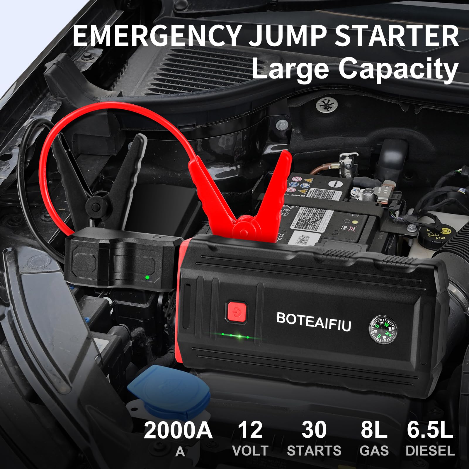 Car Battery Jump Starter 2000A Up to 8.0L Gas and 6.0 L Diesel Engine12V Auto Battery Booster Quick Charge Power Bank Jumper Cable with LED