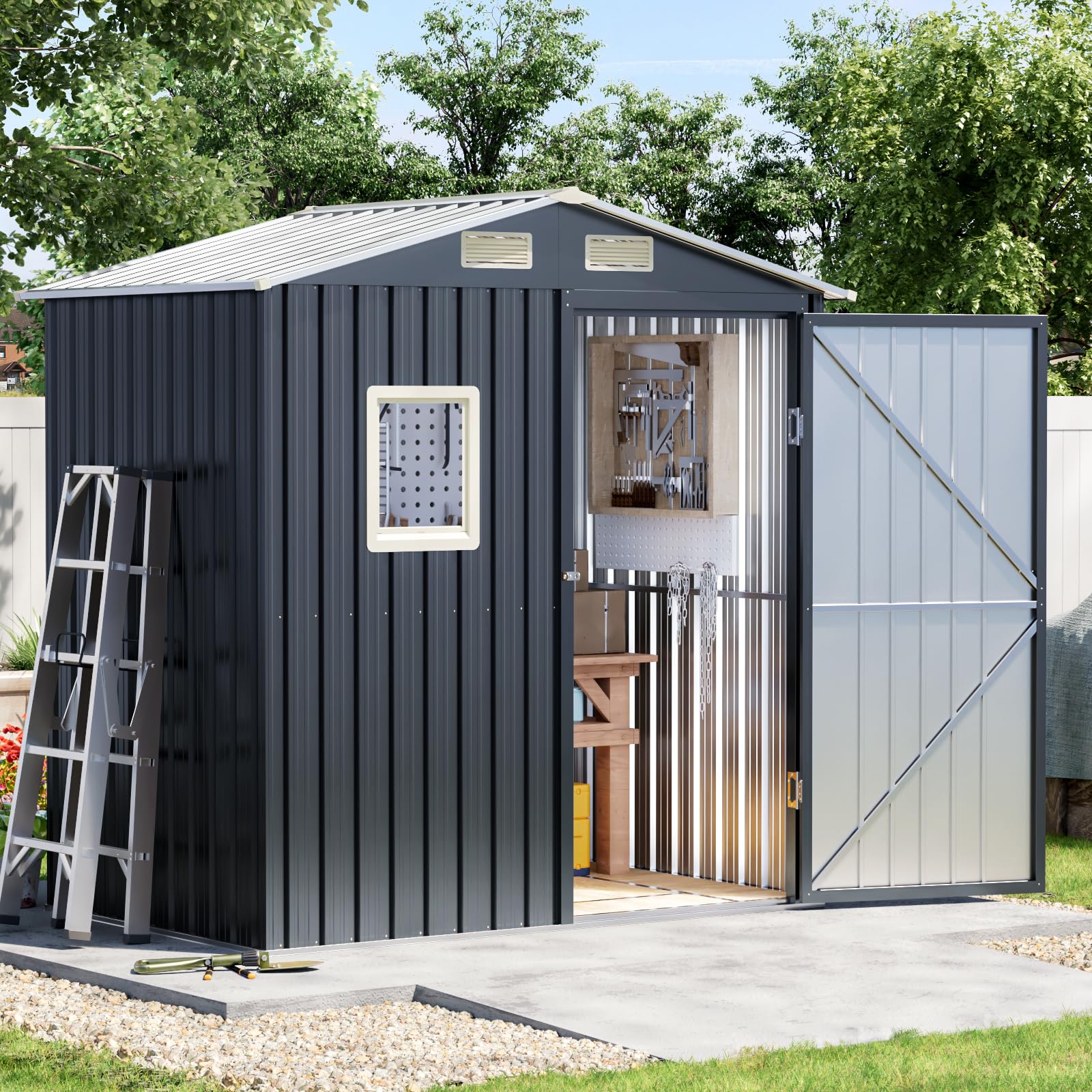 Grovellis Update Version 6x4 FT Outdoor Metal Storage Shed, Single Door, 1 Clear Window, Tool Shed for Garden, Patio, Backyard Nightblue