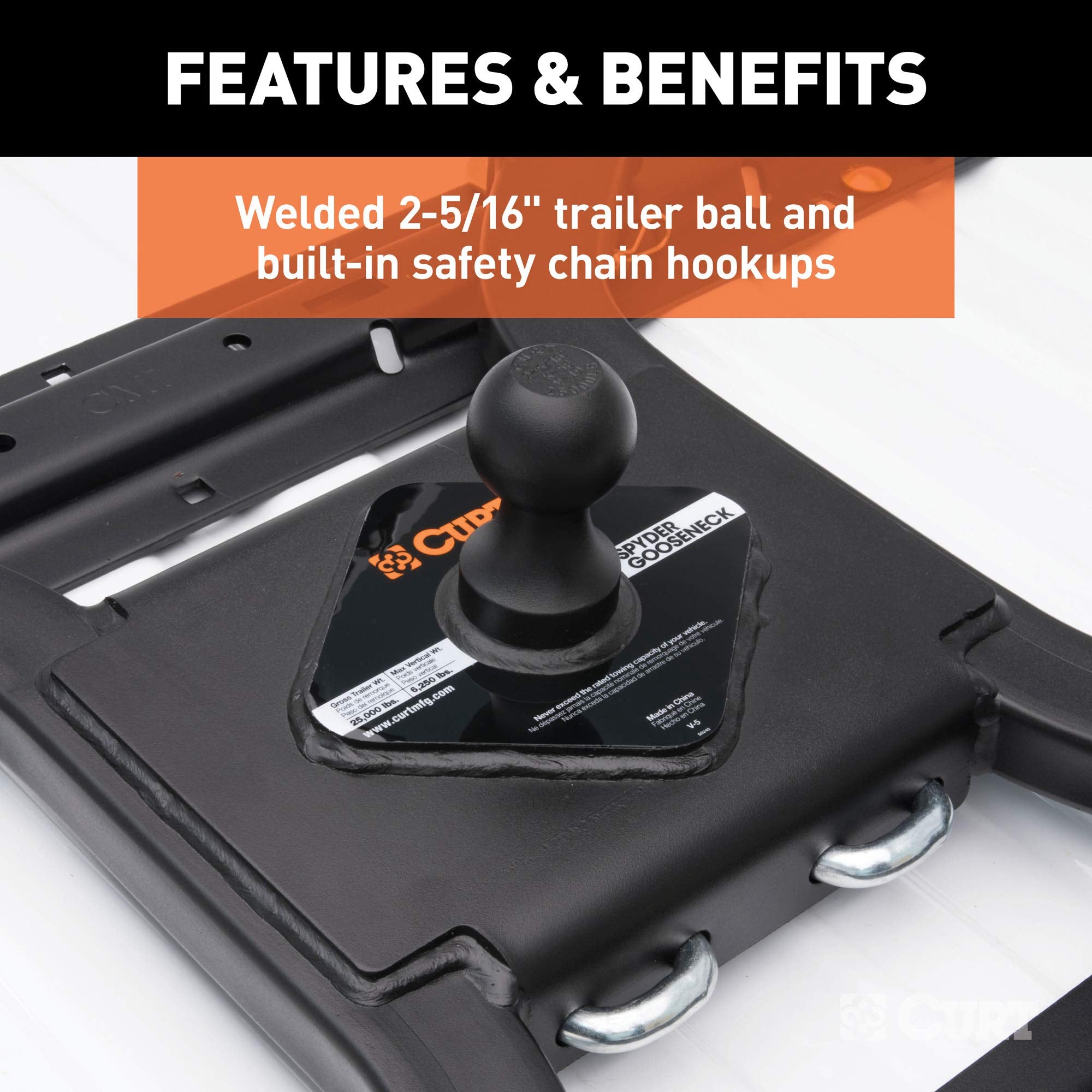 CURT 16085 Spyder 5th Wheel to Gooseneck Adapter Hitch, Fits Industry-Standard Rails, 25,000 lbs, 2-5/16-Inch Ball