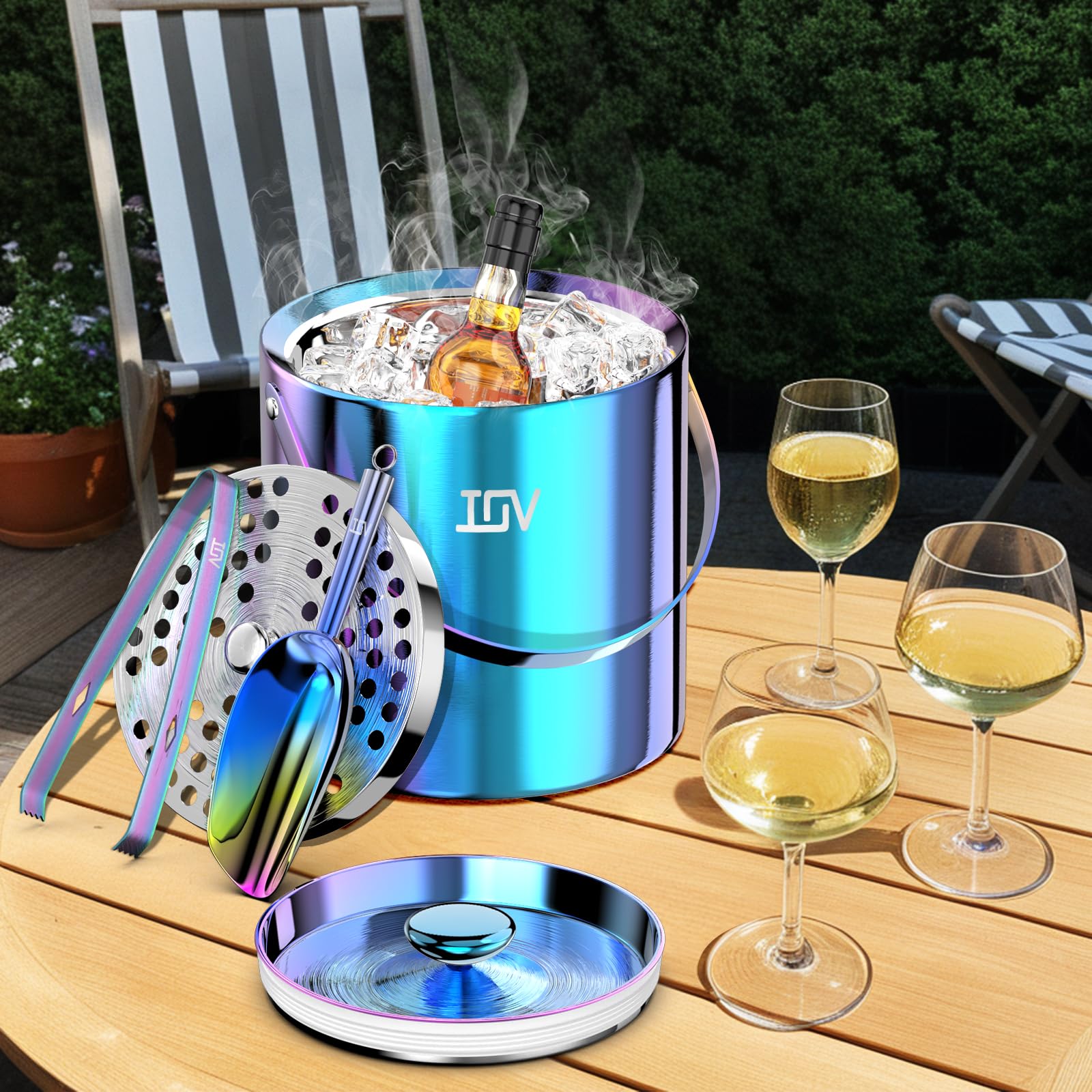 IOV Ice Bucket with Lid, Scoop, Tongs, and Strainer, 3 L Stainless Steel Double Wall Insulated Ice Bucket for Parties, Keeps Ice Frozen Longer, Ideal for Cocktail Bars, Freezers, and Wine - Rainbow