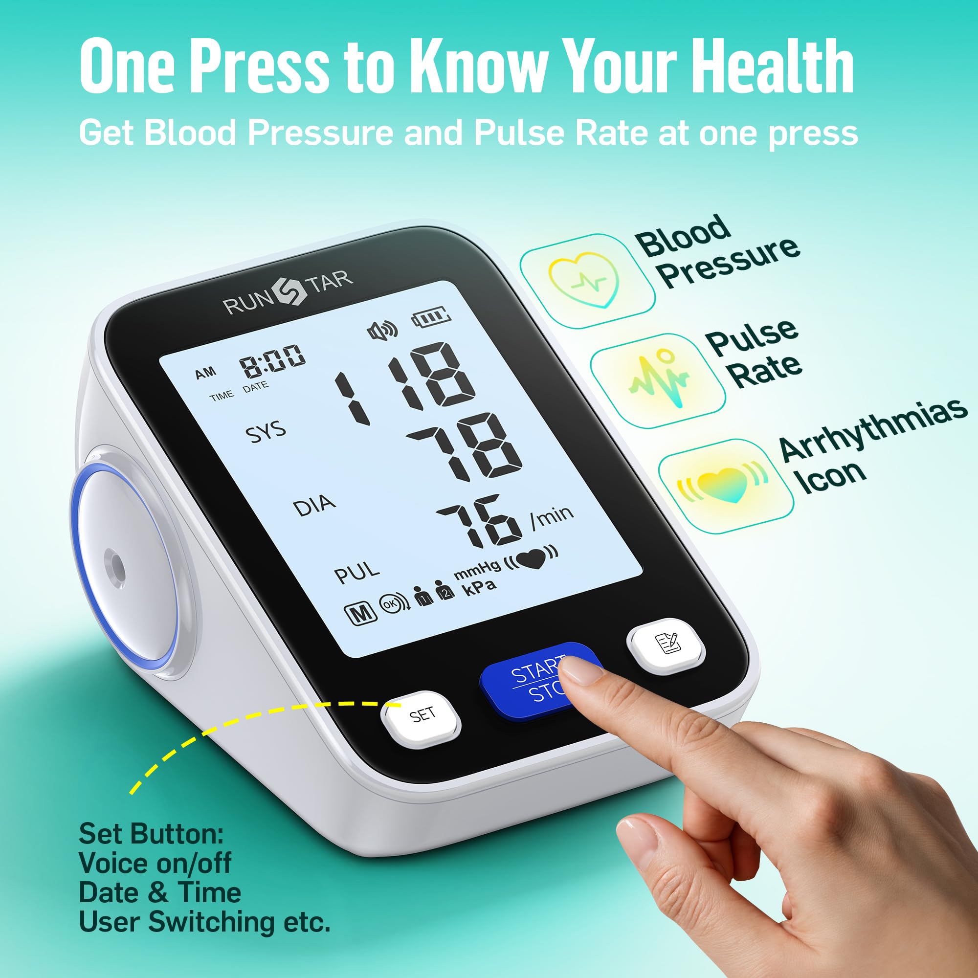RunStar Upper Arm Blood Pressure Monitor with Wide Range Cuff (8.6'' -16.5'') for Home Use FSA&HSA Eligible, Automatic Digital BP Machine with Storage Bag, 2x99 Reading Memory