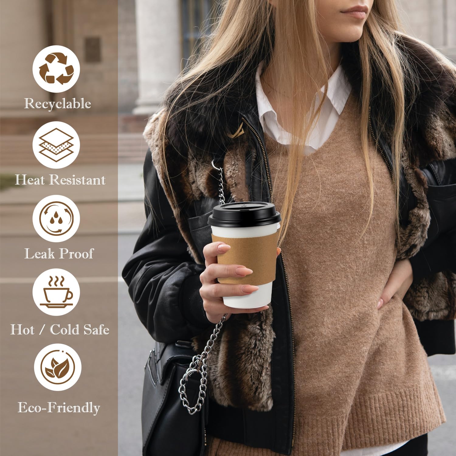 BENEVAL 100 Pack 12 oz Disposable Coffee Cups With Lids and Sleeves, Sturdy White Paper To Go Cups for Hot and Cold Beverages