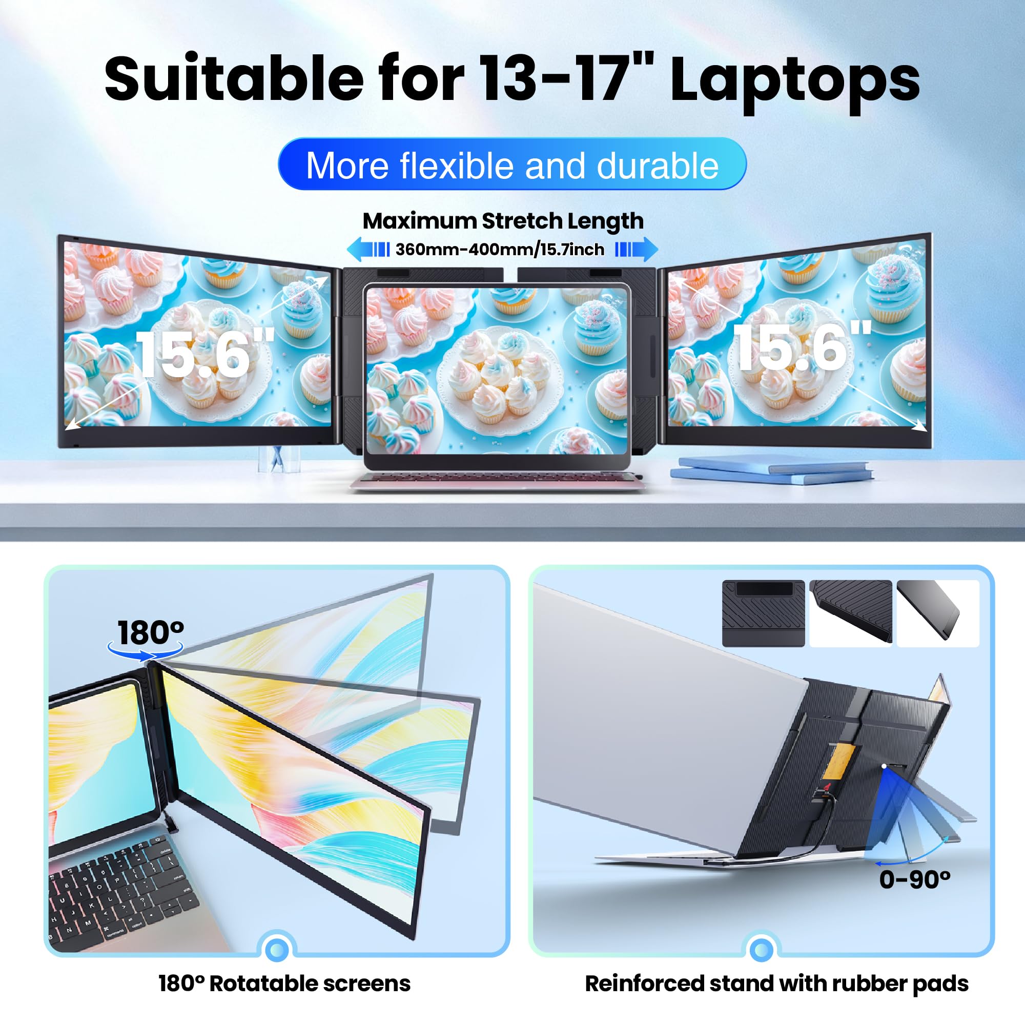 Laptop Screen Extender, 15.6" Ultra Light & Thin Triple Portable Monitor for Laptop with 1080P FHD IPS Display, Two Cable USB-C/HDMI Plug-Play Monitor Extender for Mac/Win/Android, Fits 13-17" Laptops