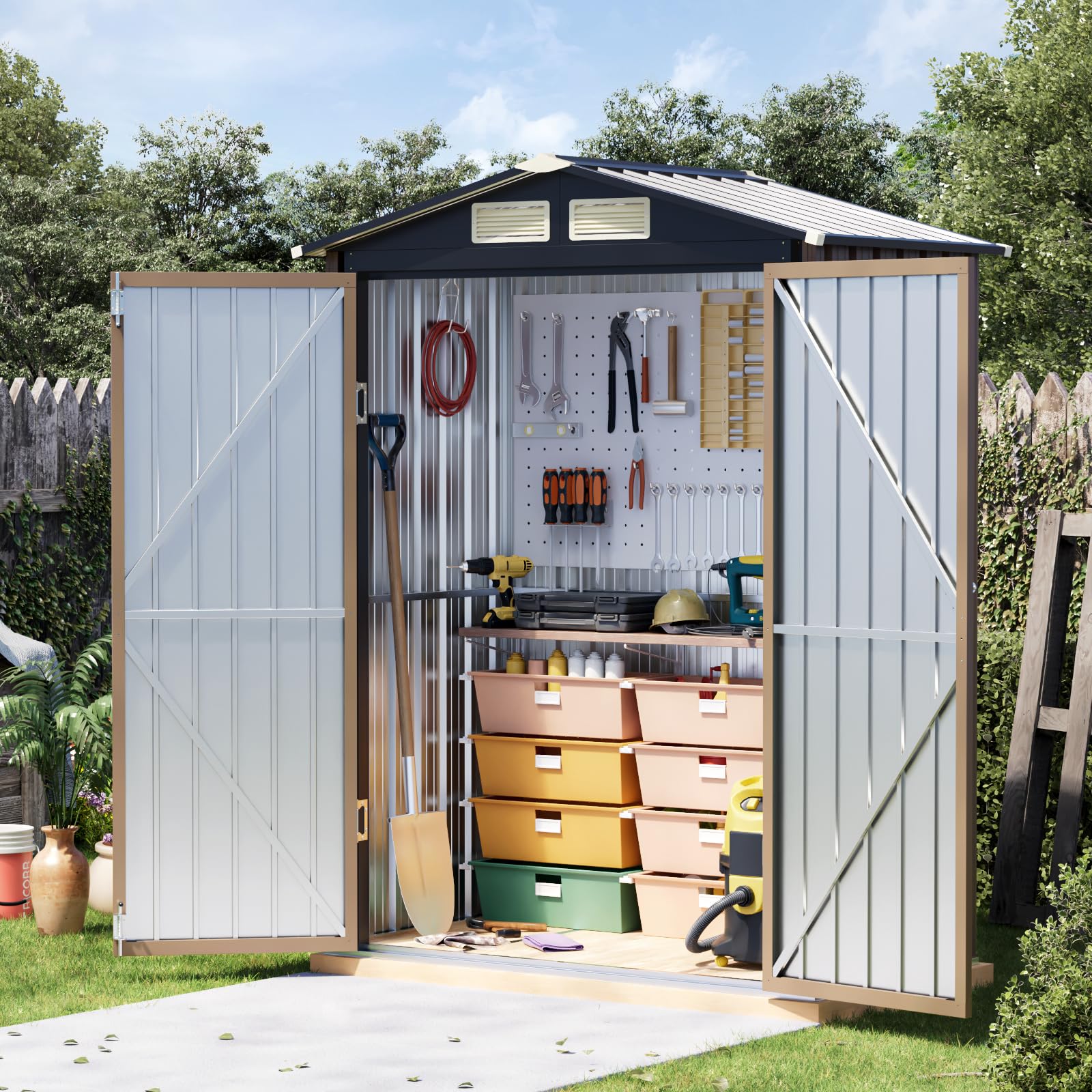 Grovellis 5x3 FT Outdoor Metal Storage Shed with Floor Frame, Double Door, 1 Clear Window, Tool Shed for Garden, Patio, Backyard Brown