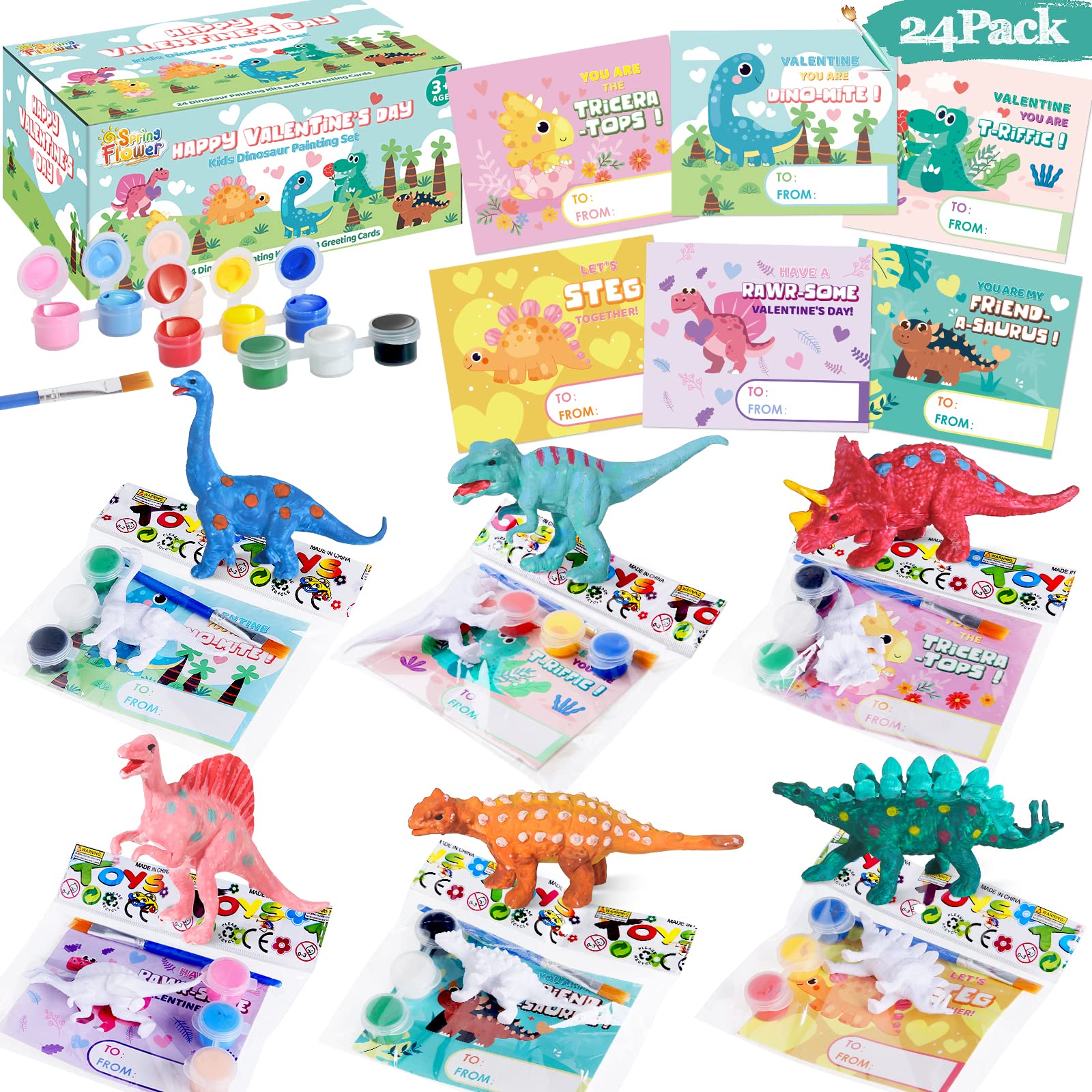 SpringFlower 24 Pack Valentine's Day Cards for Kids with Dinosaur Painting Kit for School Classroom Valentine's Gift Exchange, Valentine's Party Favor for Kids, Valentine's Prizes and Events