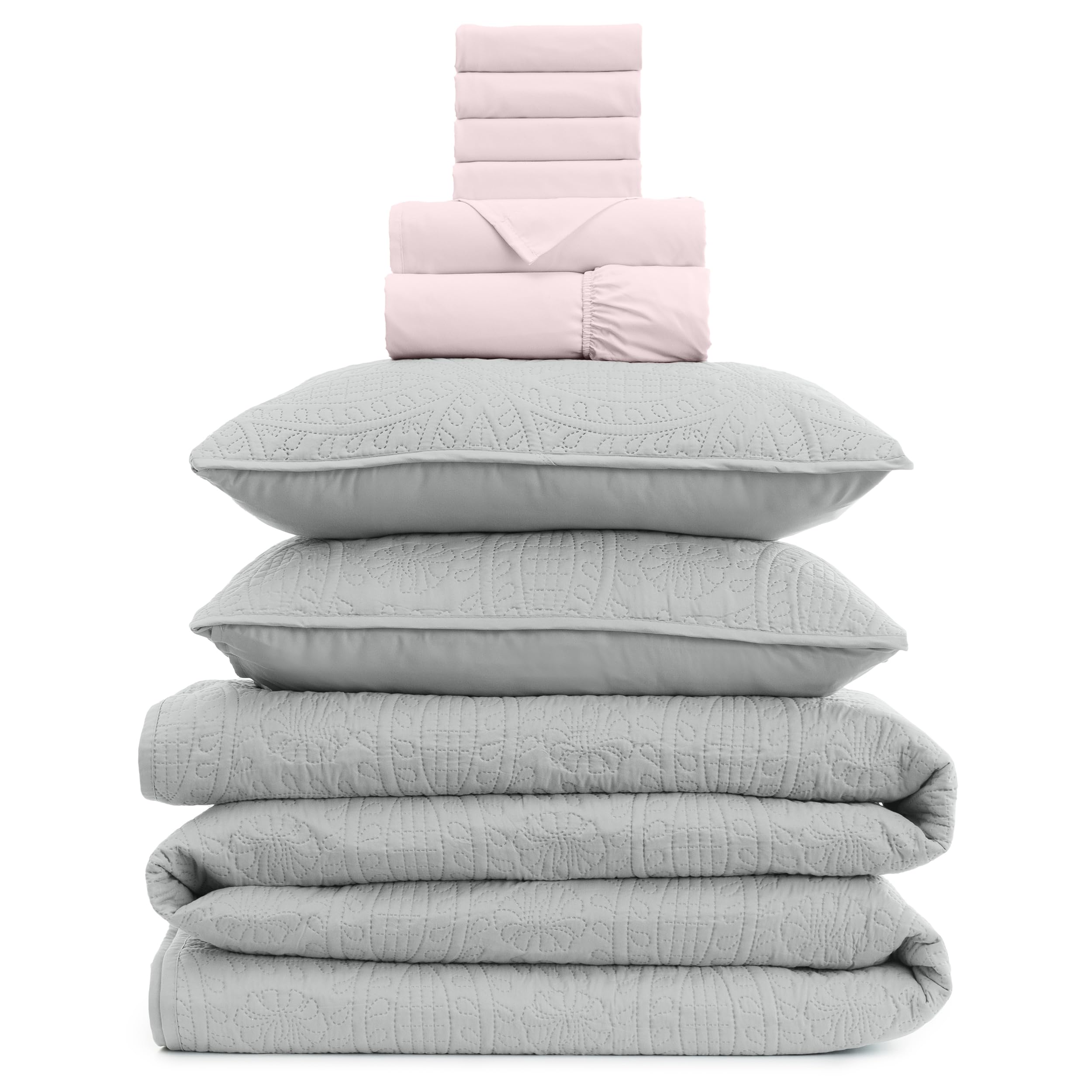 Mellanni Bedspread Coverlet Set + 6PC Sheets Set Bundle&Save - Iconic Collection Bedding - Bundle Includes: 3 Piece Oversized Quilt Set and 6 Piece Bed Sheet Set (King, Light Gray/Blush Pink)