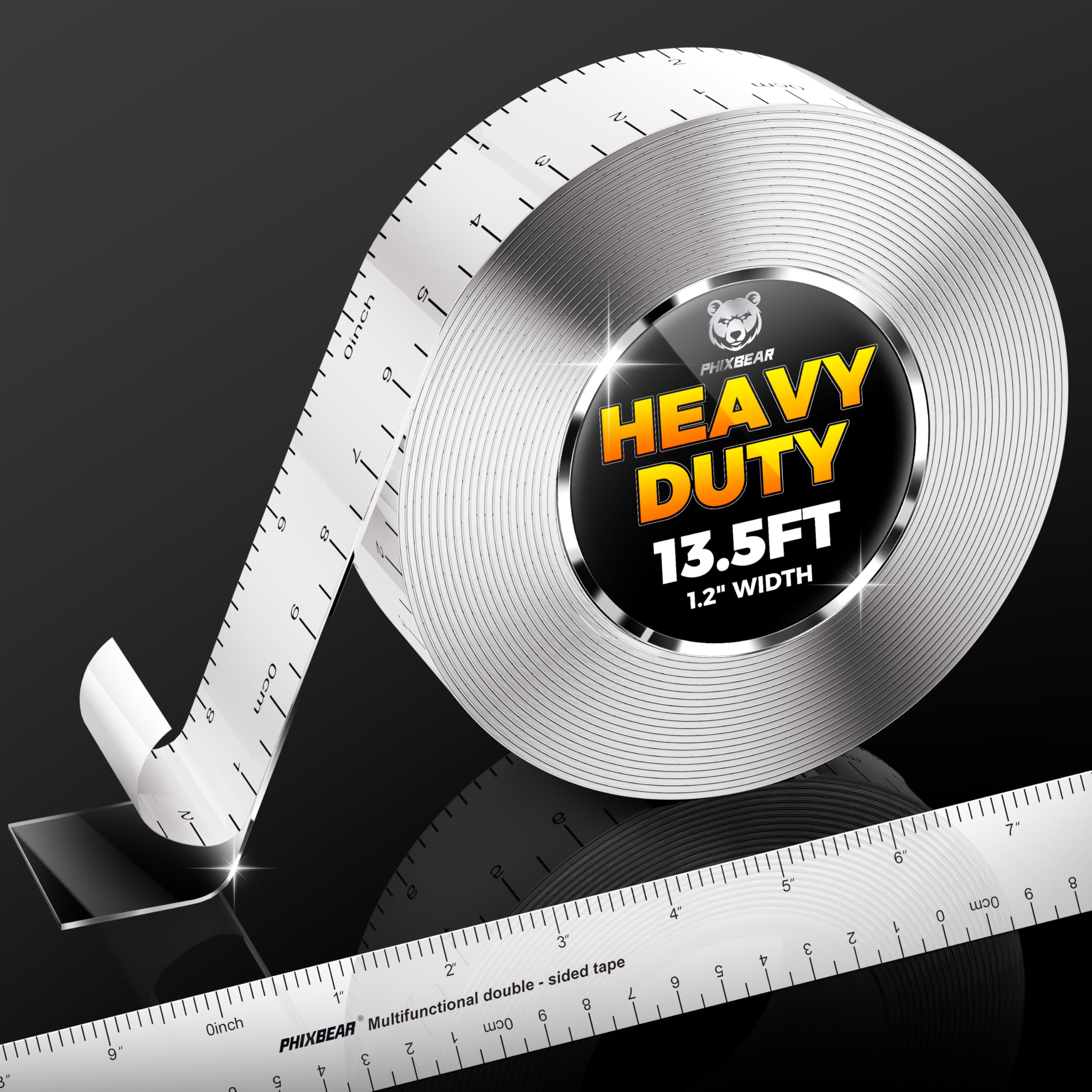 PHIXBEAR Double Sided Tape Heavy Duty with INCH & CM Markings, 1.18''×13.5ft Double Sided Mounting Tape, Removable Traceless NanoTape for Indoor & Outdoor, Automotive Trim