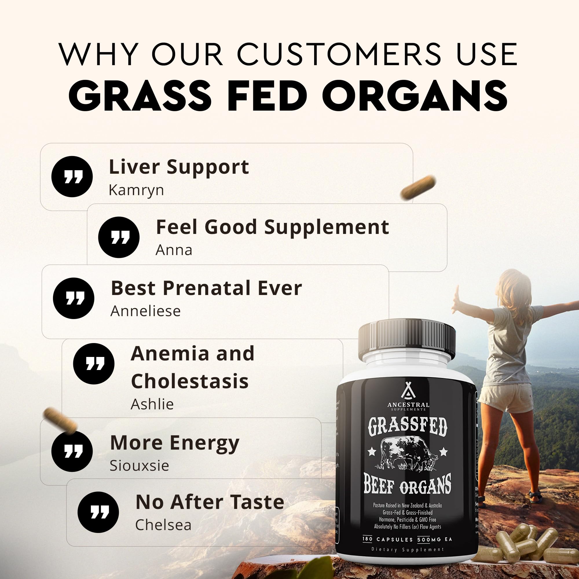 Ancestral Supplements Grass Fed Beef Organ Supplement, Supports Whole Body Wellness with Proprietary Blend of Liver, Heart, Kidney, Pancreas, Spleen, Freeze-Dried Beef, Non-GMO, 180 Capsules