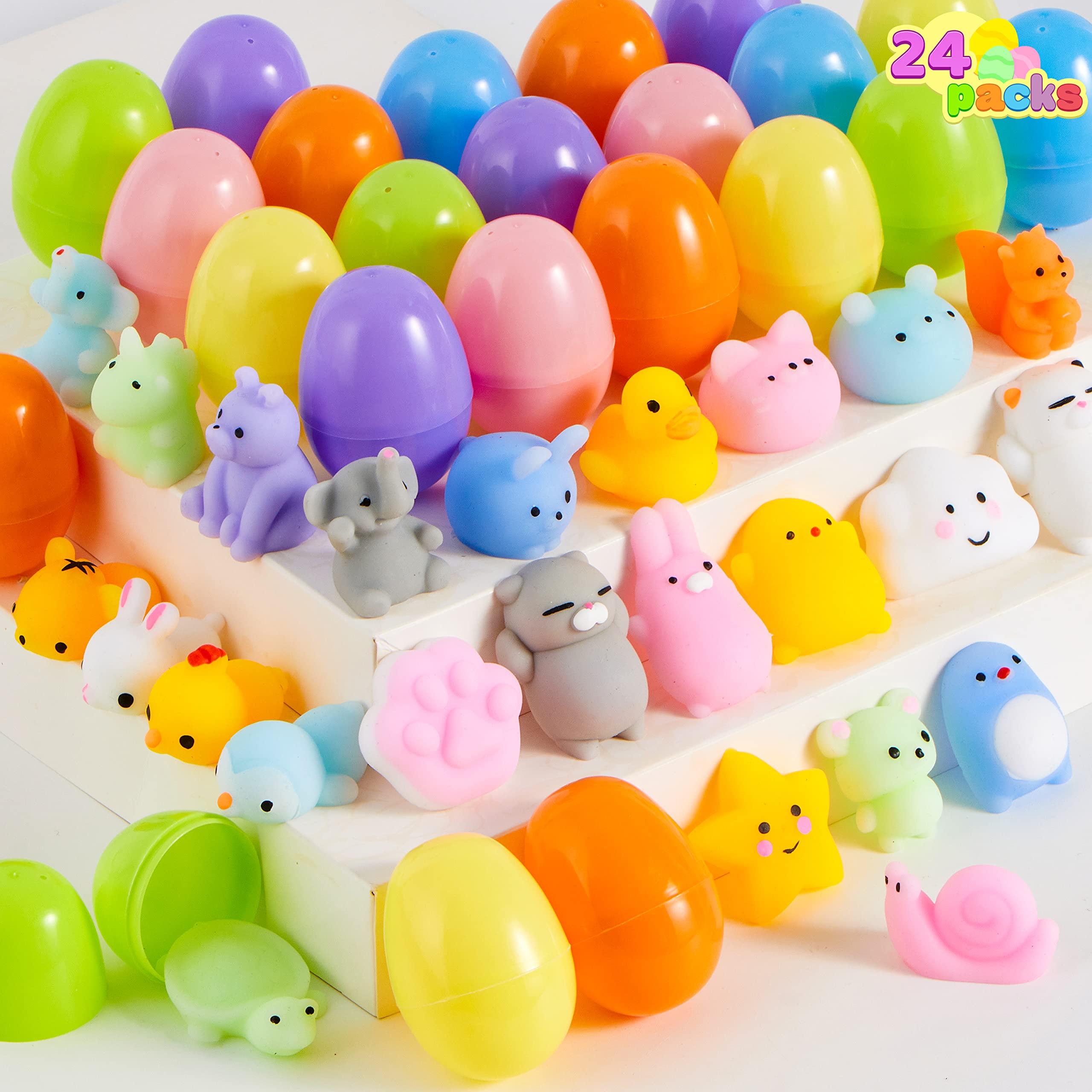 JOYIN 24 Pcs Easter Prefilled Eggs with Mochi Squishy Toys, Animal Stress Reliever Squishy Toy for Easter Theme Egg Hunt, Kids Party Favor, Basket Stuffers Filler, Classroom Prize Supplies