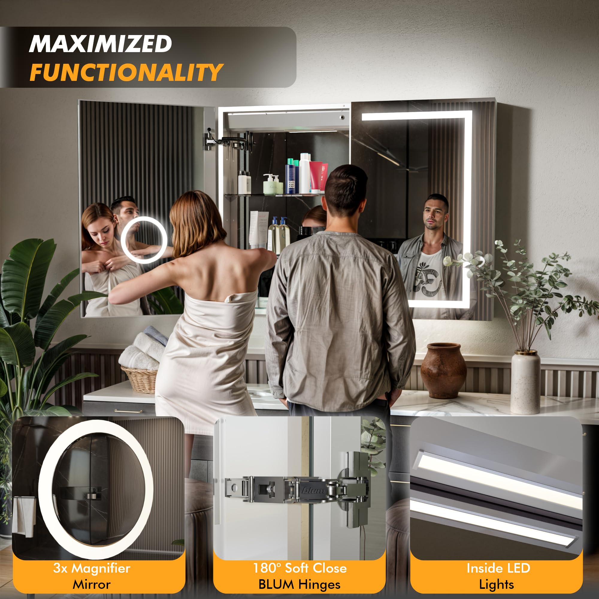 KRISTALLUM LED Lighted Medicine Cabinet Front & Backlit Dimmable Colours, Clock & Temp, USB Outlets