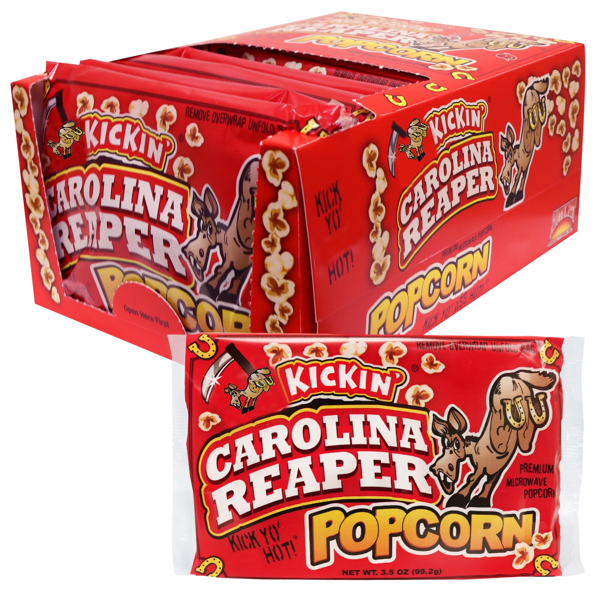 ASS KICKIN’ Carolina Reaper Pepper Microwave Popcorn – 12 Pack - Ultimate Spicy Gourmet Gift Popcorn - Makes a Great Movie Theater Popcorn or Snack Food - Try if you dare!