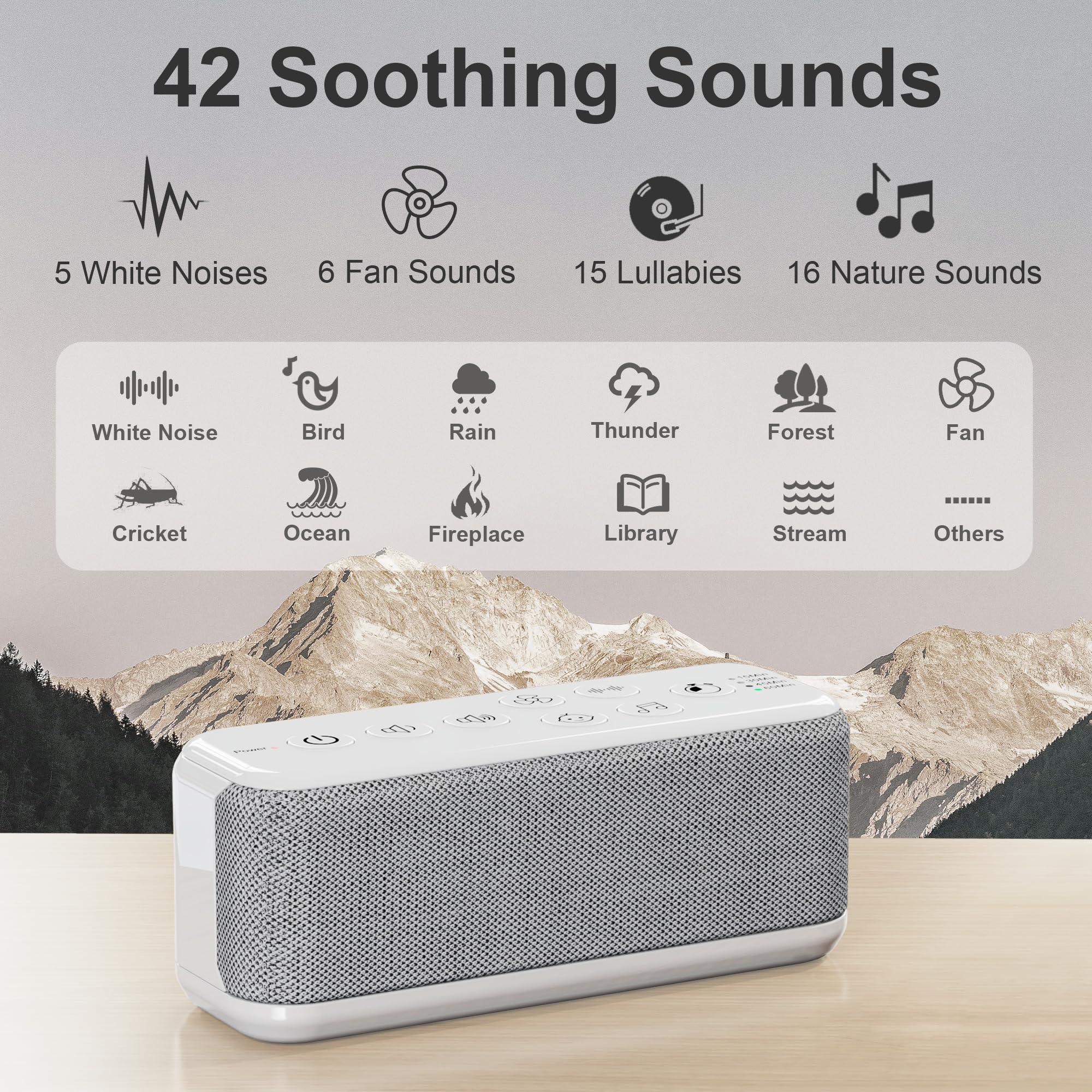 Raynic White Noise Machine, 42 Soothing Sounds Noise Machine, Rechargeable Battery Sound Machine with 8 Volumes, 5 Timers, Type-C Port, Headphone Jack for Baby, Adult, Home, Travel, Office