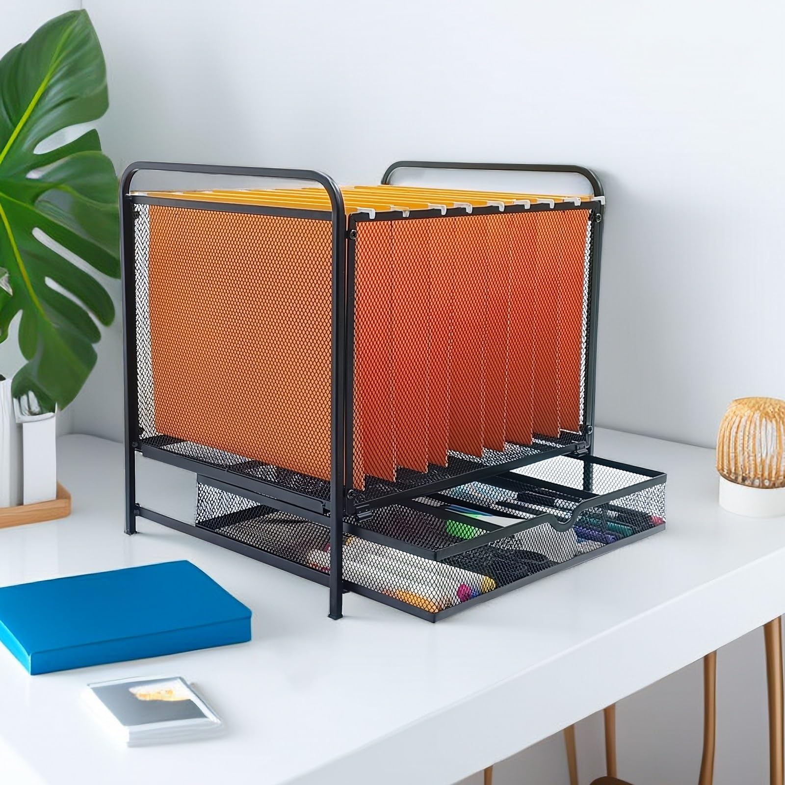 SETTFRFE Hanging File Folder Organizer with Drawer,File Holder for Desk,Mesh File Bins for Hanging Files,Letter Size,Black