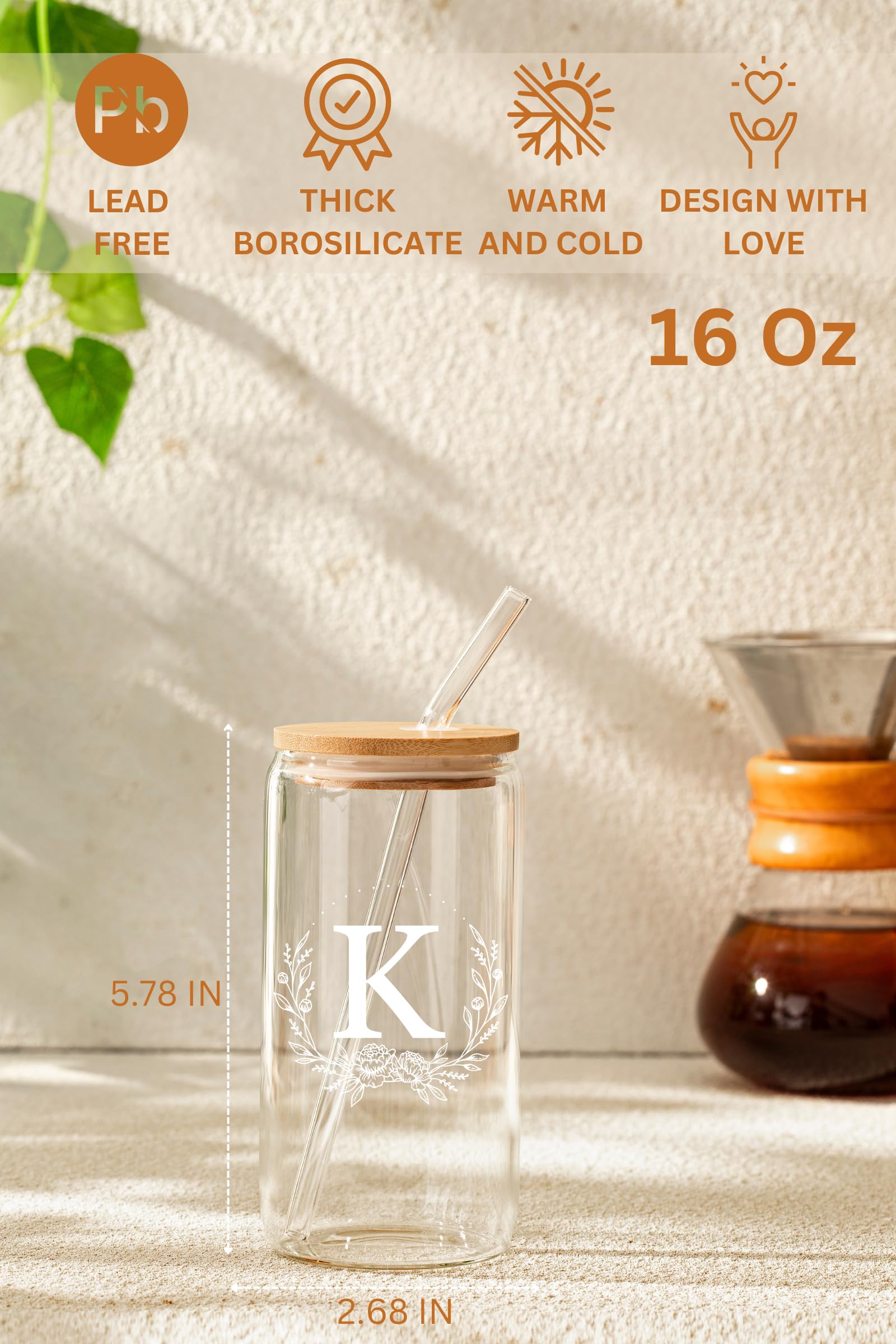 Personalized Gifts for Women, Monogrammed 16oz Glass Cups with Bamboo Lids and Straws, Customized Glass Tumbler, Cute Custom Mug, Customizable Initial Iced Coffee Glasses, Birthday Bridesmaid Mom, K