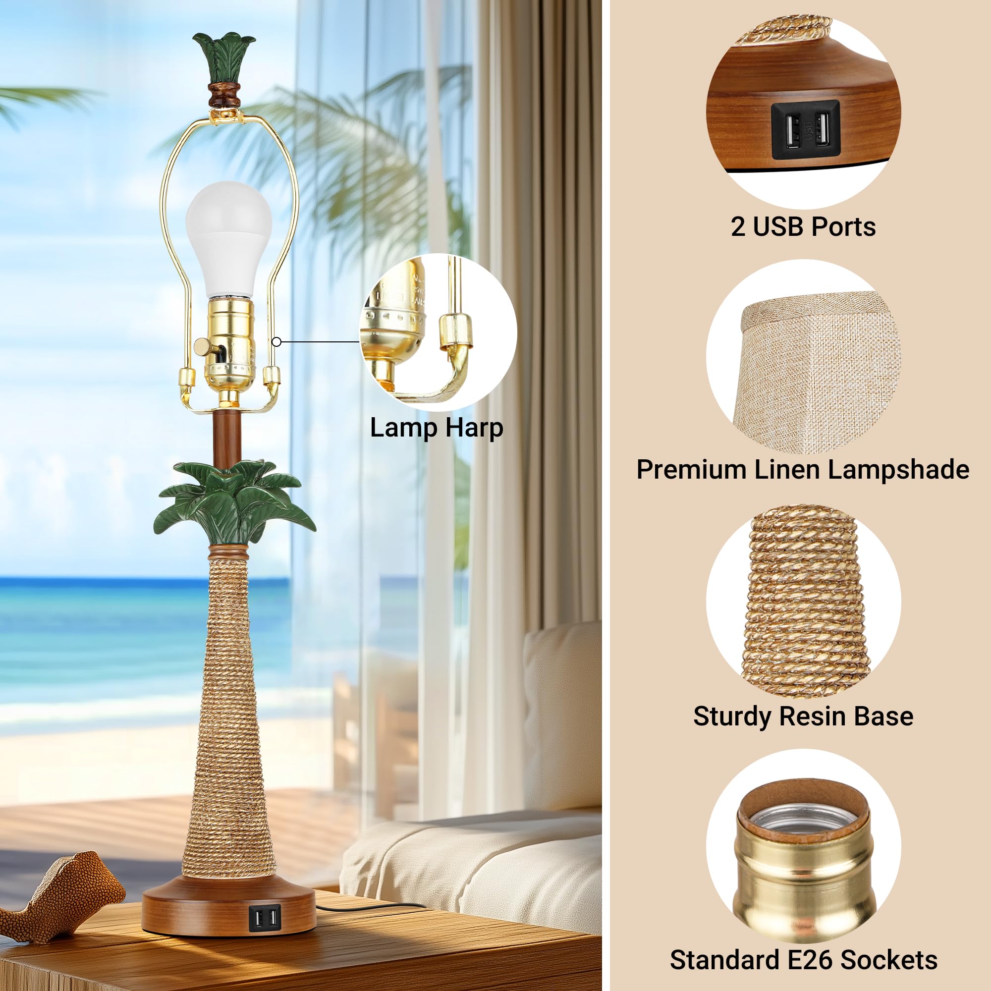 Set of 2 Coastal Palm Tree Table Lamps with 2 USB Ports for Living Room Beach Nautical Bedside Lamps for Bedroom Tropical Nightstand Lamps for Home Decor