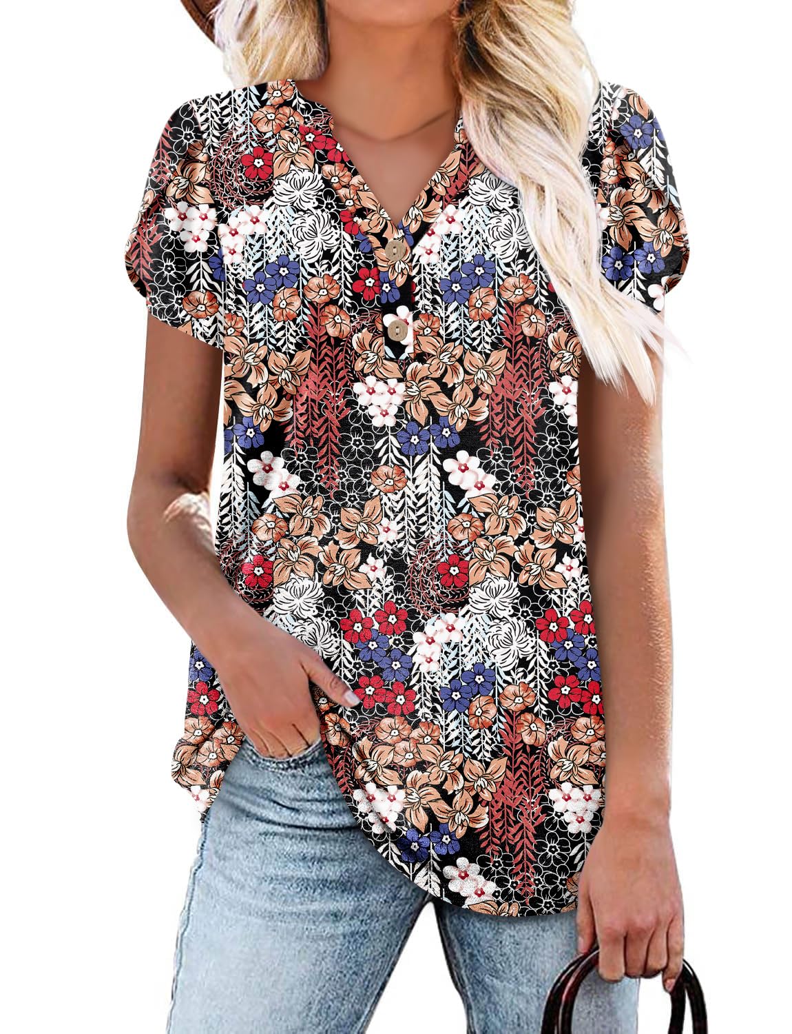 BETTE BOUTIK Tunic Tops Womens Summer Plus Size Casual Shirts Short Sleeve Trendy Loose Flowy Dressy Blouses V Neck Floral Cute T-Shirts Black Floral 1X