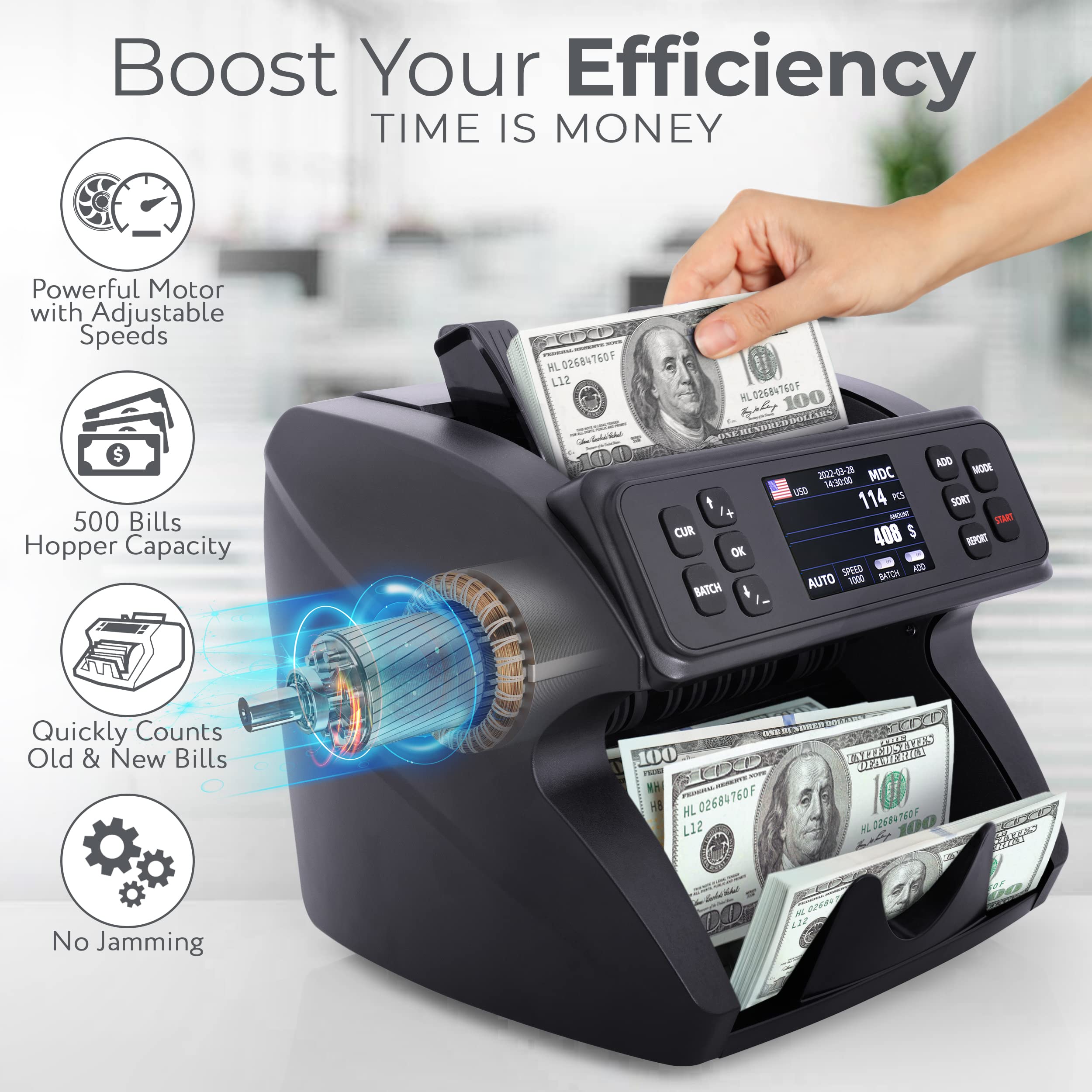 DETECK DETECK DT500 Money Counter Machine Mixed Denomination, Multi Currency Business Grade Bill Counter Machine, 1CIS/UV/MG Counterfeit Detection, Currency Counter, Value Count & Print