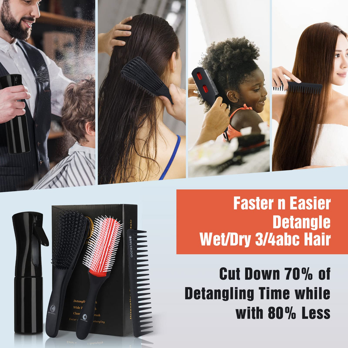 O BRUSHZOO Hair Brush Set, Detangler Brush for Natural 3/4abc Curly Hair, Hair Brushes for Women Men Kids with Detangling Brush Hair Spray Bottle 9 Row Brush Wide Tooth comb