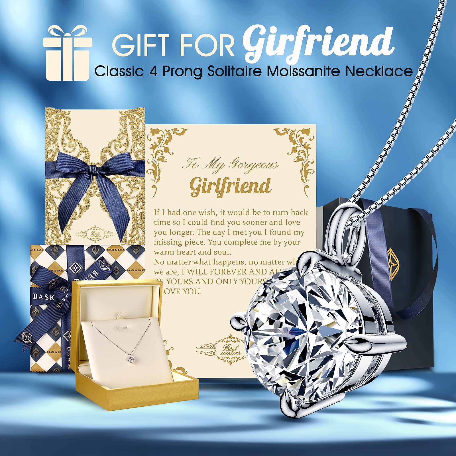 Beam & Bask Necklace Gifts for Girlfriend 2 Carat Moissanite Necklaces for Women Valentine's Day I Love You Gifts for Her Birthday Anniversary Jewelry Gift for Girlfriend