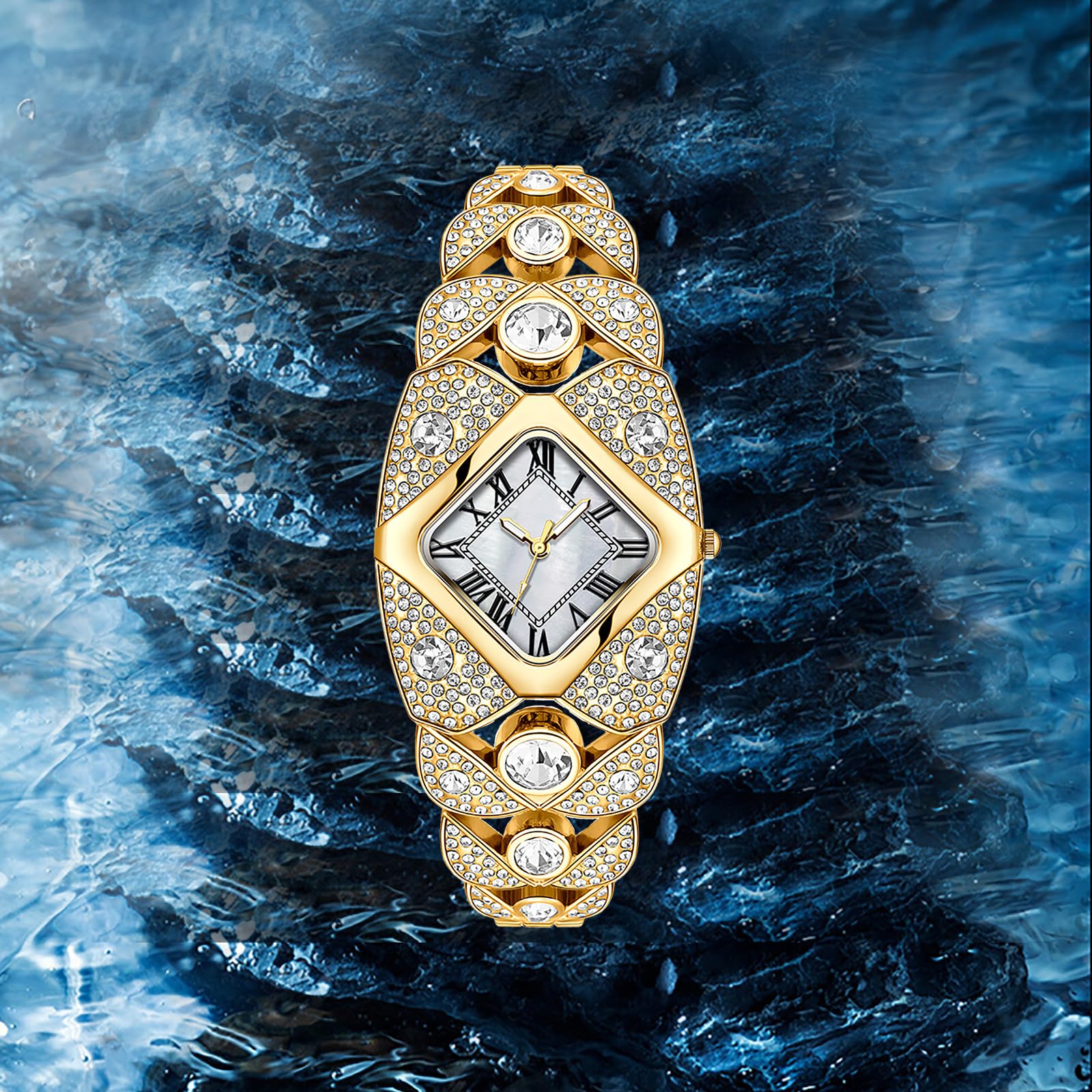 BESTKANG Elegant Women's Luxury Watch Rhombic Square Rhinestone Bracelet Roman Numerals Dial Quartz Watch Ladies Dress Analog Wrist Watches for Women (Gold White)