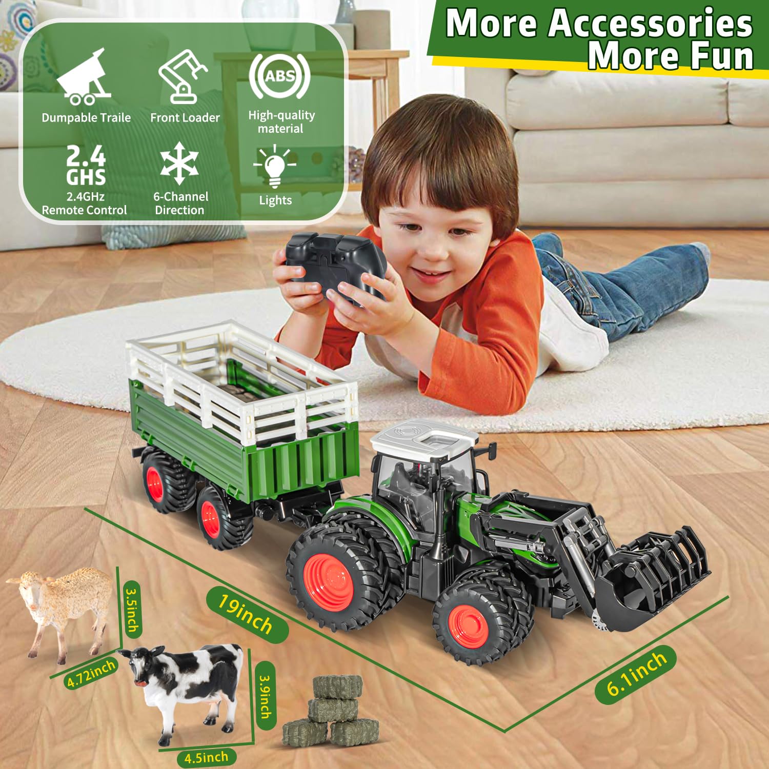 Remote Control Tractor Toy, 2.4 Ghz RC Tractor Toys for Kids 3-5, Toy Tractors Set with Trailer and Light/Loading Arm, Farm Animal Toys Include Cows, Sheep and Hay Bales, Toys for Boys 5-7
