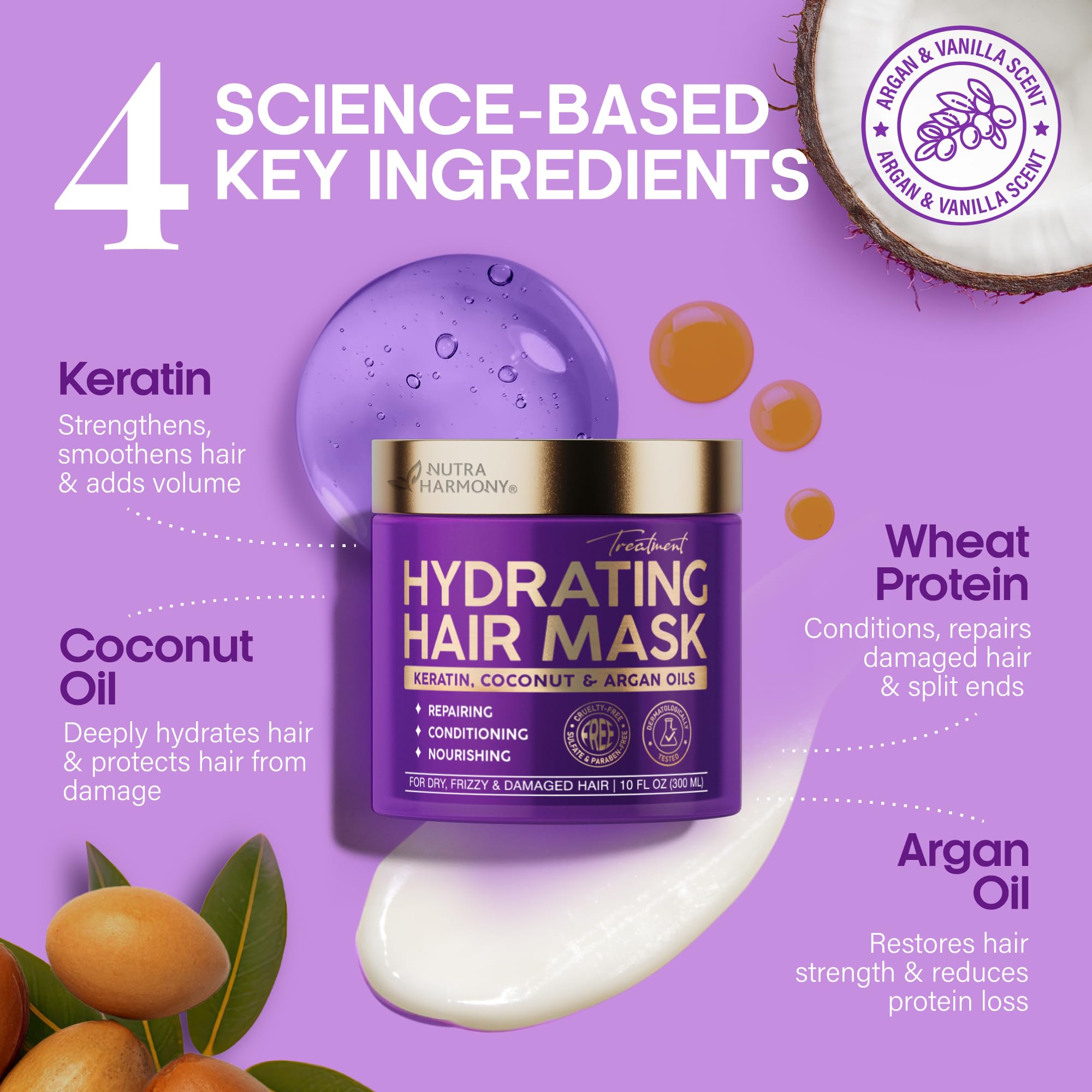 Hydrating Hair Mask for Damaged & Dry Hair – Deep Conditioning Keratin Treatment for Frizzy, Curly & Color-Treated – Anti-Frizz & Split Ends Repair with Collagen, Biotin, Argan & Coconut Oils – 10 oz
