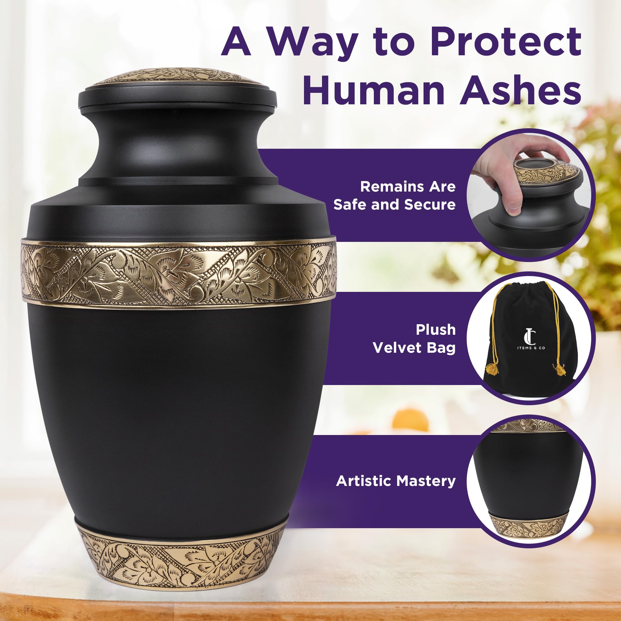 Items & Co Urn for Ashes Adult Male - Urn for Ashes for Women, Cremation Urns for Human Ashes, Ashes Keepsake, Burial Urns Adult Human Ashes - Solid, Wood, Ceramic, Metal, Grecian Black, Velvet Bag