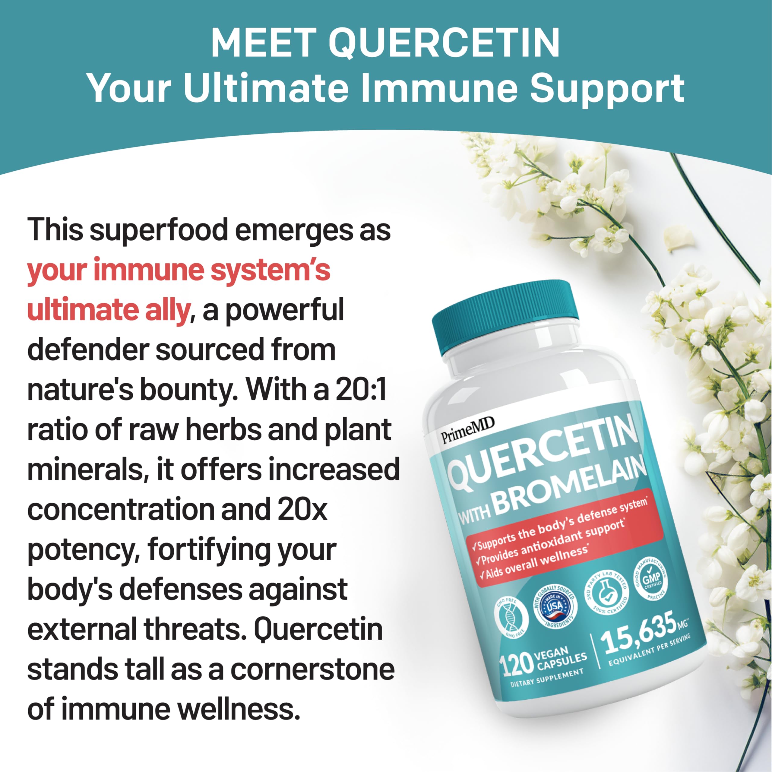 PrimeMD 4-in-1 Calcium Supplements for Women & Men or Heart, Bone & Body Defenses (120 ct) & 28-in-1 Quercetin with Bromelain Supplement - Quercetin 500mg Capsules for Immune Defense Support (120 ct)