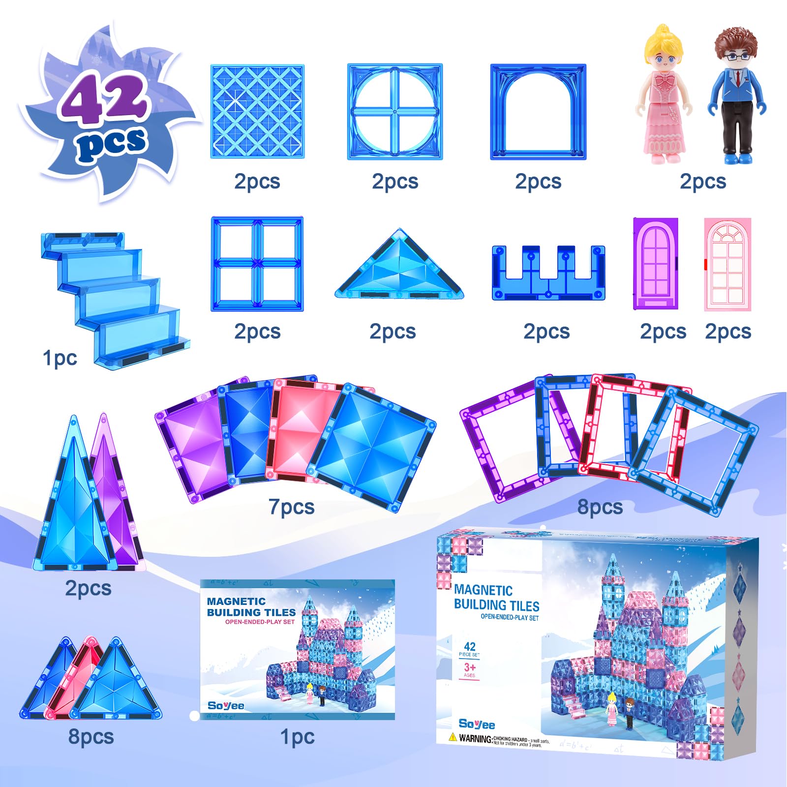 Frozen Toys for Girls Diamond Magnetic Tiles with Stair Dolls Toys for 3+ Year Old Girls Boys Sensory STEM Learning Toys Gifts for 3 4 5 6 7 8+ Year Old