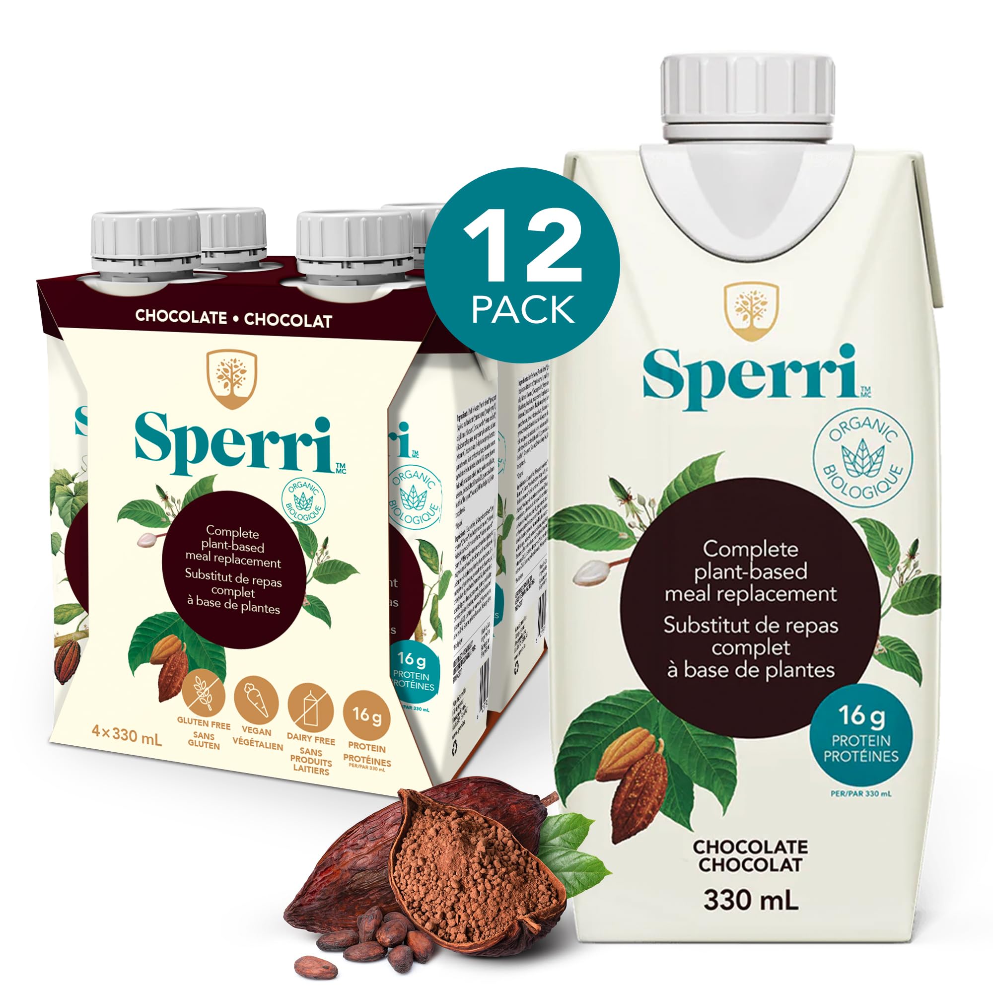 Sperri Plant-Based Meal Replacement Shake – Organic Protein Drink Made with Hemp & Pea Protein – Vegan Gluten-Free Dairy-Free Ready to Drink Nutrition Shake – Chocolate Flavor, 4.6 fl. oz (12 Pack)
