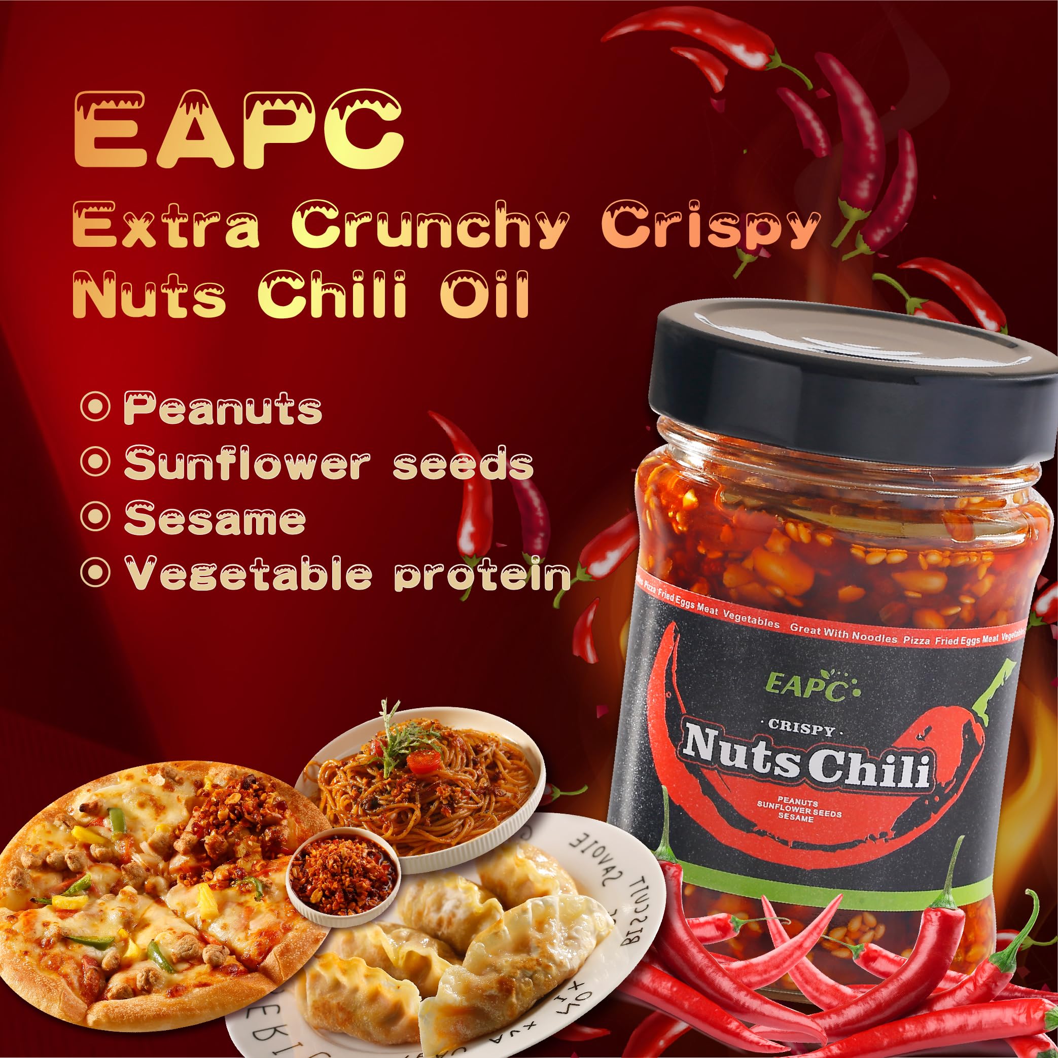 EAPC Crispy Nuts Chili Oil, Extra Crunchy Nuts Chili Sauce with Peanuts, Sunflower Seeds, Sesame, Chili Crisp Oil Sauce, Ready to Eat and Use as Sauce, Condiment,190g/6.7oz