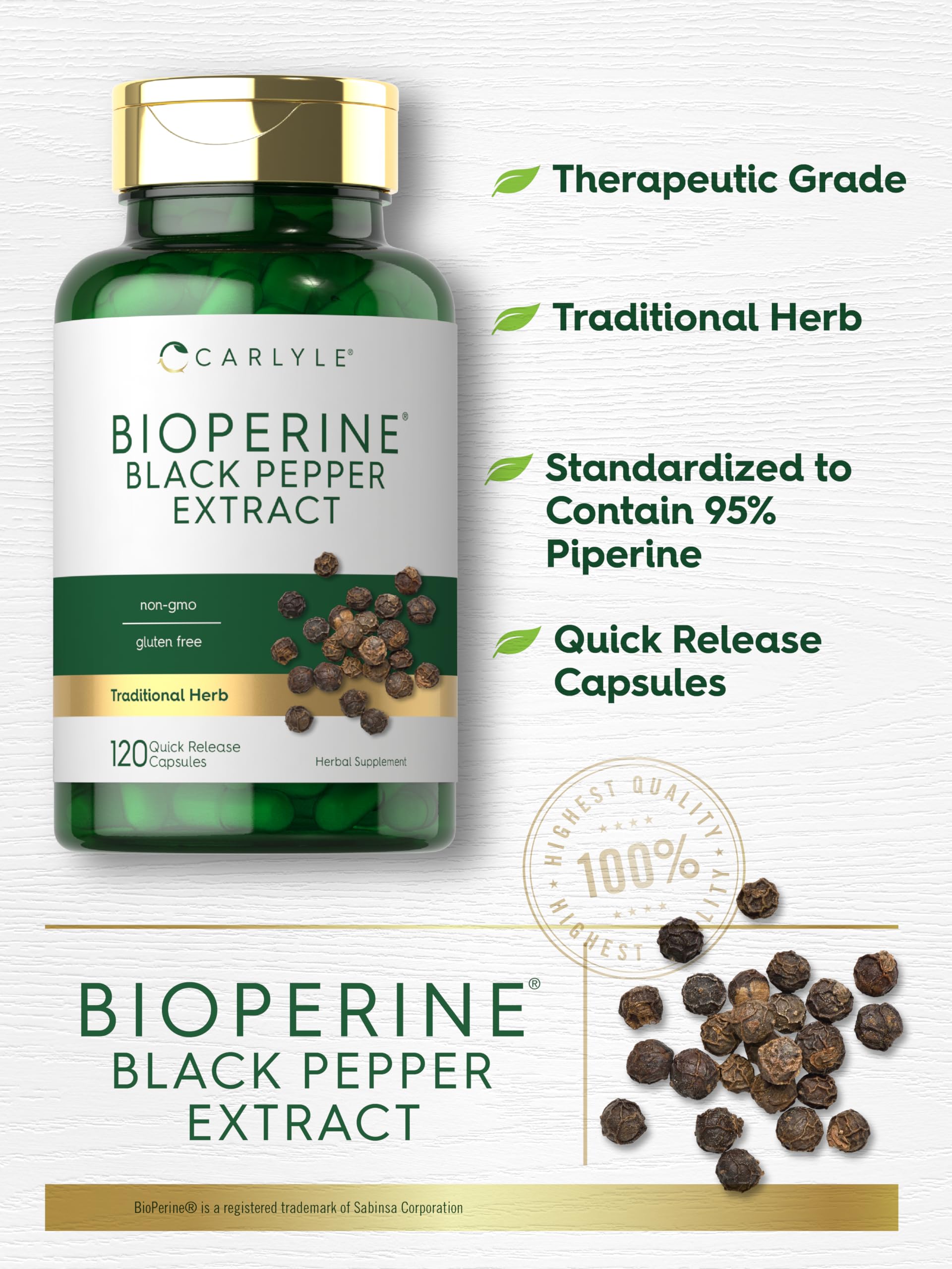 Carlyle Bioperine 10mg | 120 Capsules | Non-GMO & Gluten Free | Sourced from Black Pepper Extract | Supports Curcumin Powder Absorption