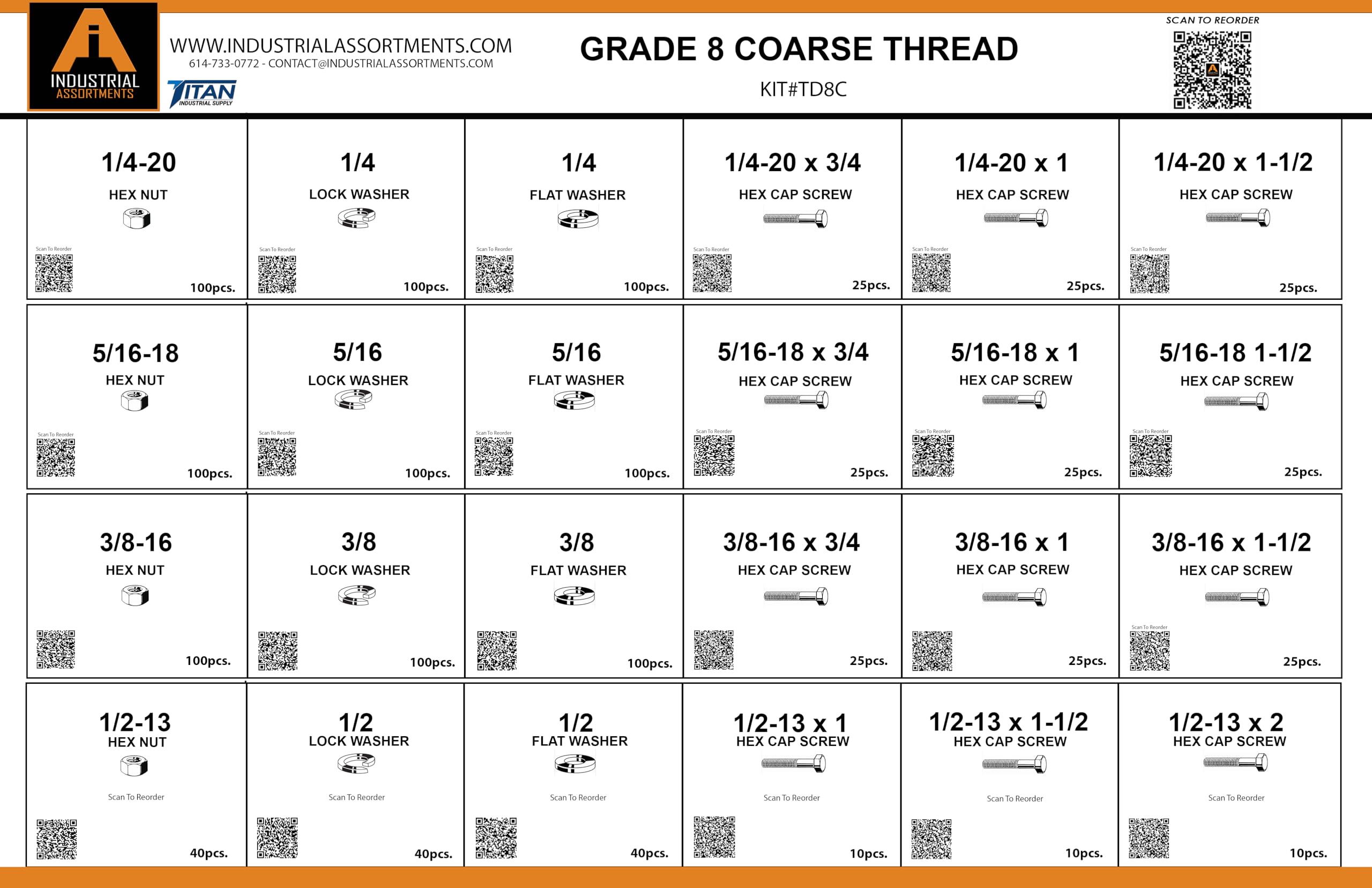 Titan Industrial Supply-1275 Piece Grade 8 Coarse Thread Metal Drawer Assortment