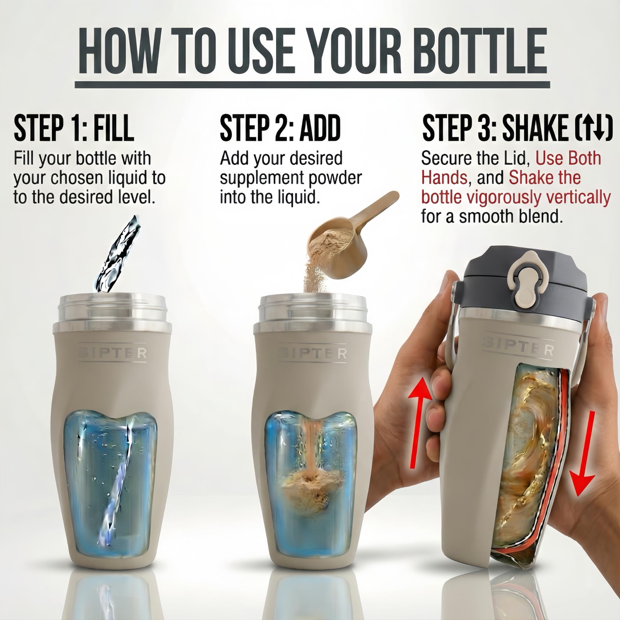Sipter Best Shaker Bottle for Protein Mixes – Double Wall Stainless Steel, For Shakes, Water, Smoothies, Cocktails Leak-Proof, 26oz, Copper-Insulated Blender Cup, BPA-Free No Mixing Tools (Earth Stone