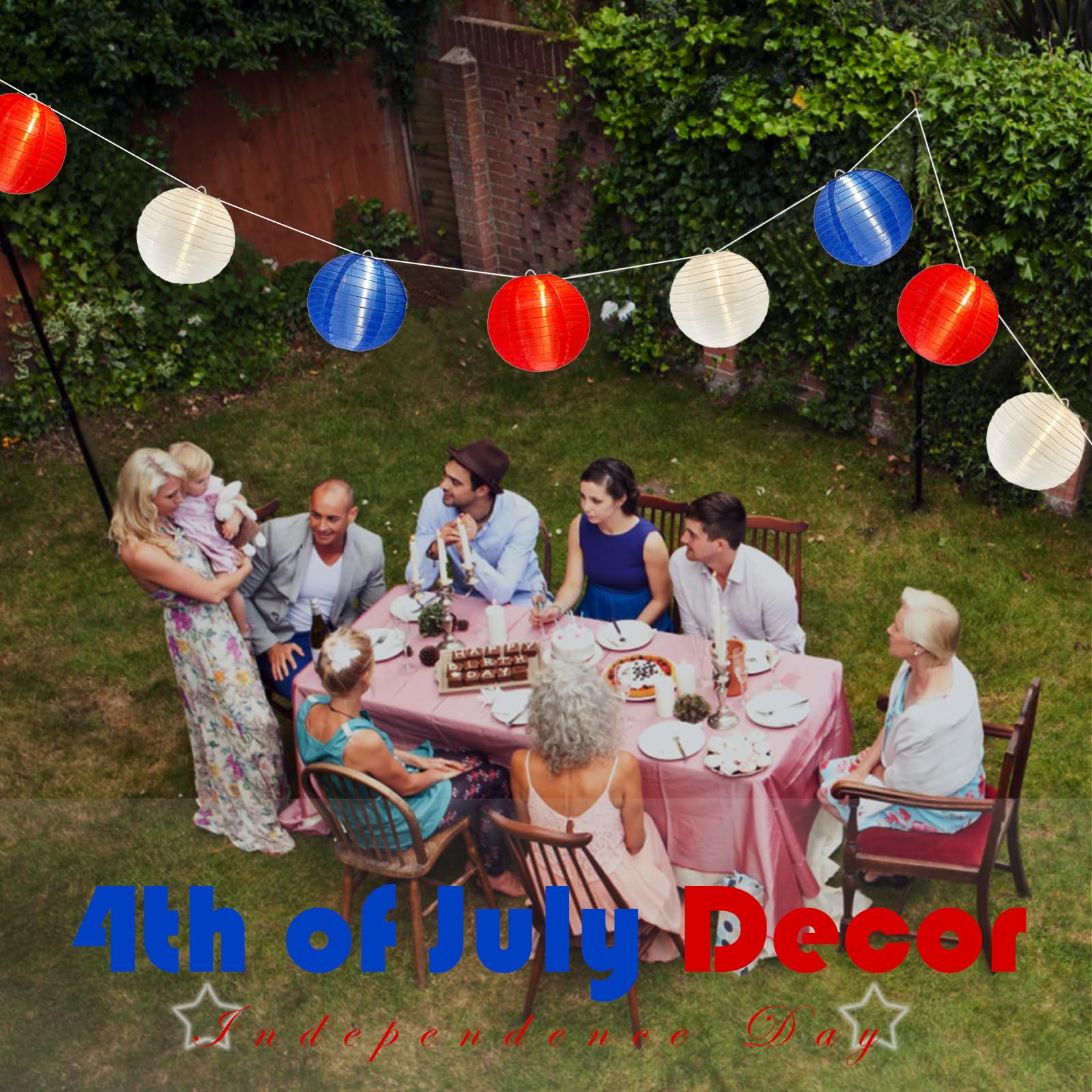 SUNSGNE Lantern String Lights with G40 LED Lights, Plug-in Decorative String Lights with 10 Red White Blue Lantern Lights, Connectable Patio String Lights for 4th of July Decor, 25FT - White Wire