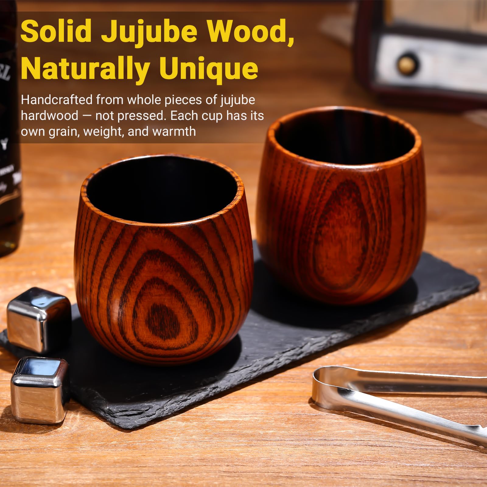 4PCS Charred Wooden Whiskey Glass – Handcrafted Solid Wood Tumbler for Men | Unique Whiskey Gifts | Natural Grain, Flame-Finished Bourbon Glass,Fathers Day Gifts For Dad,Him,Husband