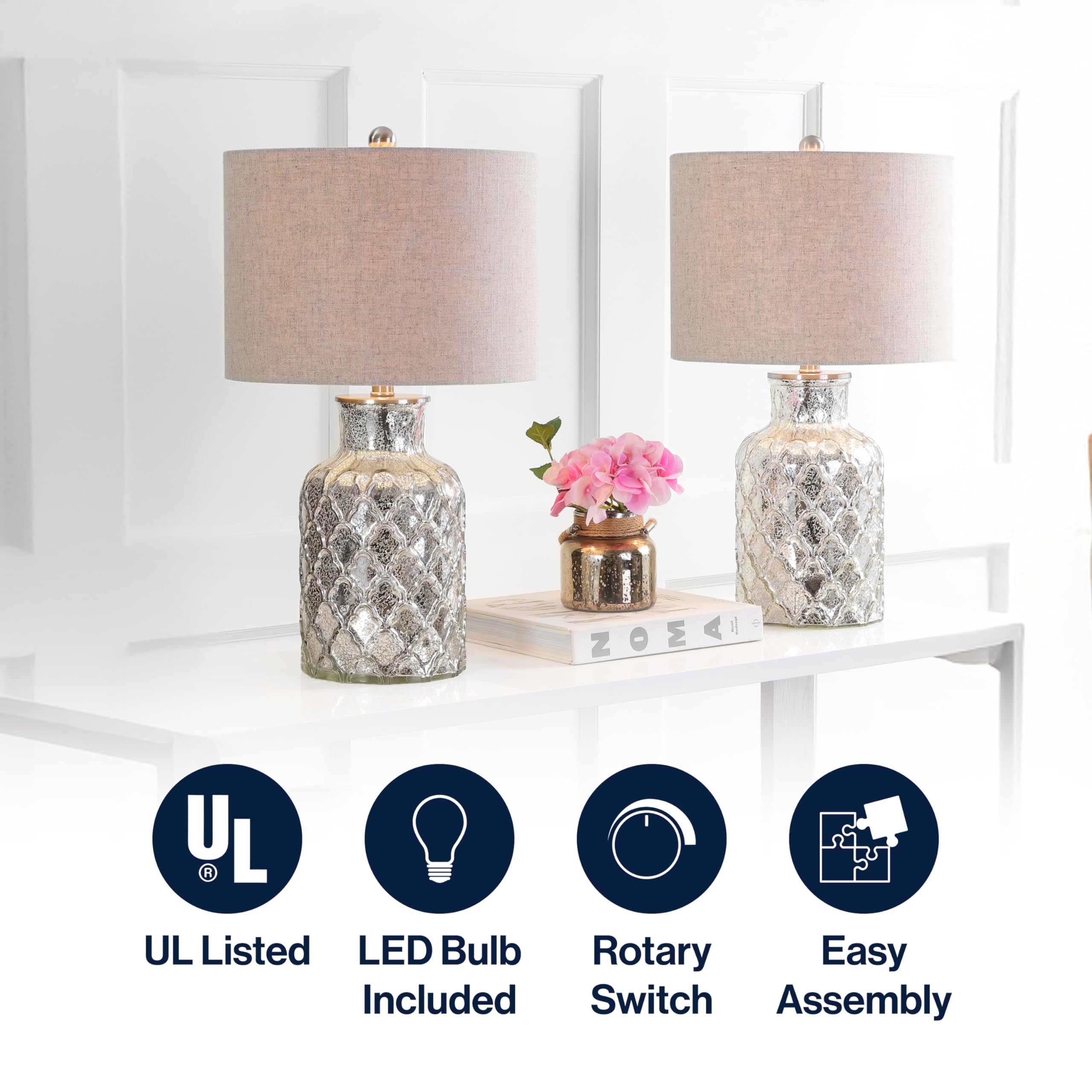 JONATHAN Y JYL1075A-SET2 Set of 2 Table Lamps Alvord 24.5" LED Glass Table Lamp Contemporary Bedside Desk Nightstand Lamp for Bedroom Living Room Office College Bookcase, Mercury Silver