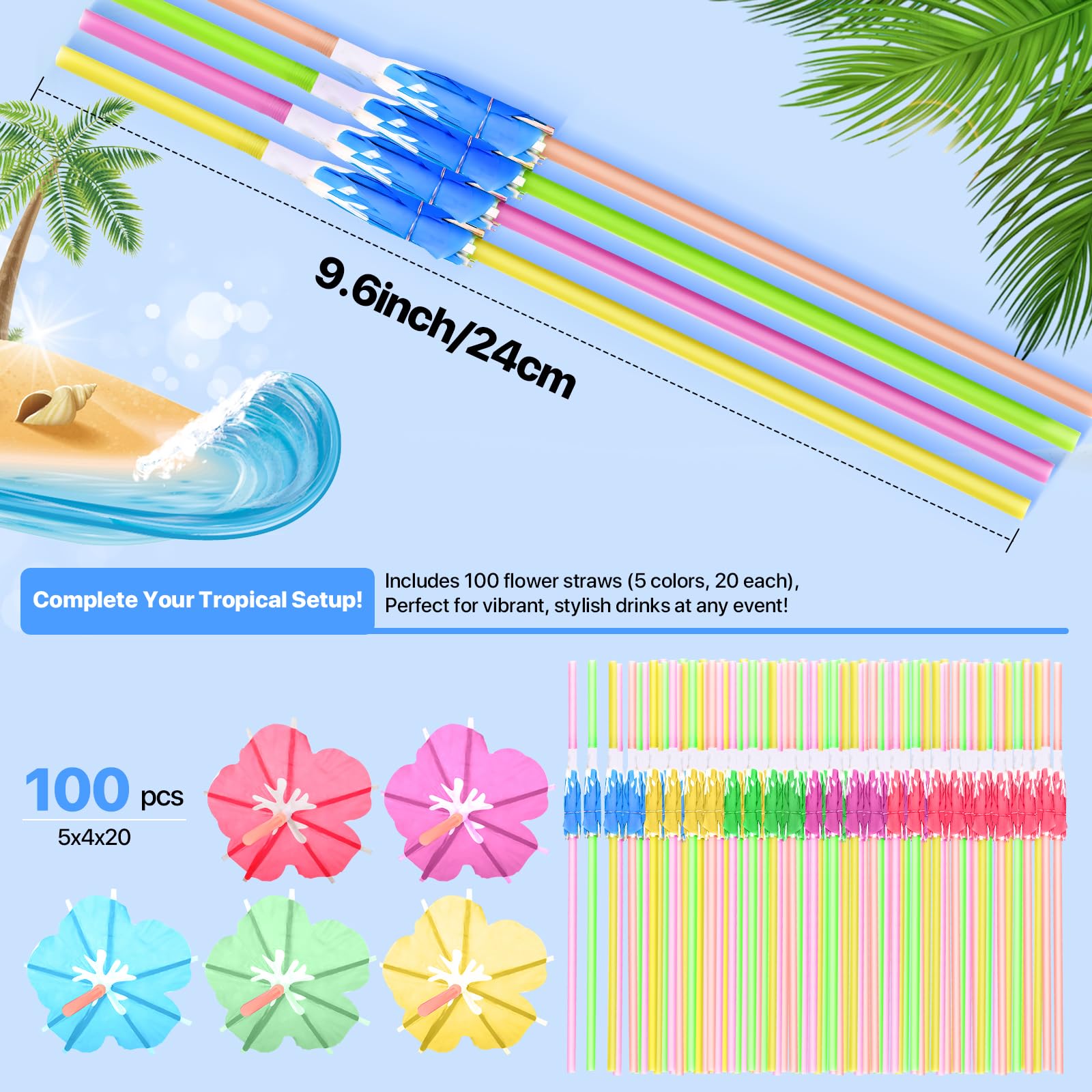【100 PCS】Umbrella Straws for Drinks - Colorful Cocktail Straws with Mini Umbrellas, Tiki Party Supplies, Hawaiian Luau Tropical Theme, Parasol Drink Straws for Margarita, Pina Colada, Beverages.