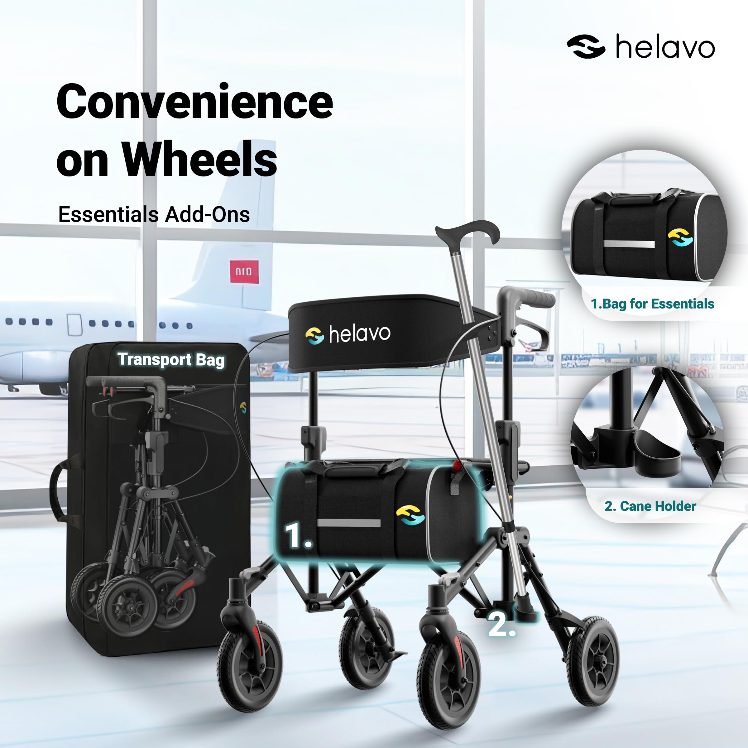 Helavo Ultra-Compact Walker for Seniors with Seat, Fully Assembled Double Folding Rollator, Travel Walker with 8" Rubber Wheels and Height Adjustable Handles