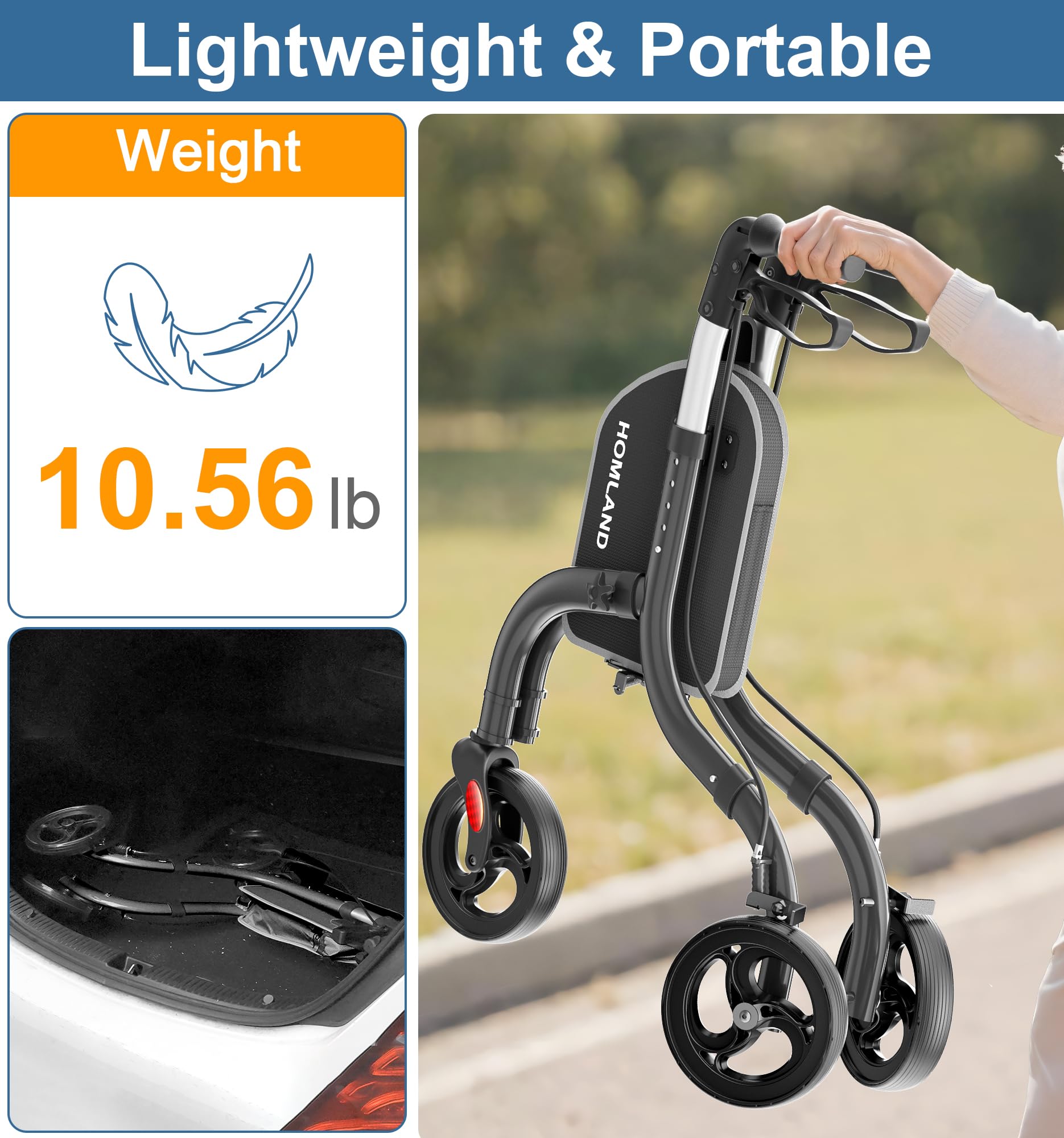 HOMLAND 3 Wheel Walkers for Seniors, Lightweight Foldable Aluminum Three Wheel Walker, Height Adjustable Compact Rollator Walker with Removable Storage Bag
