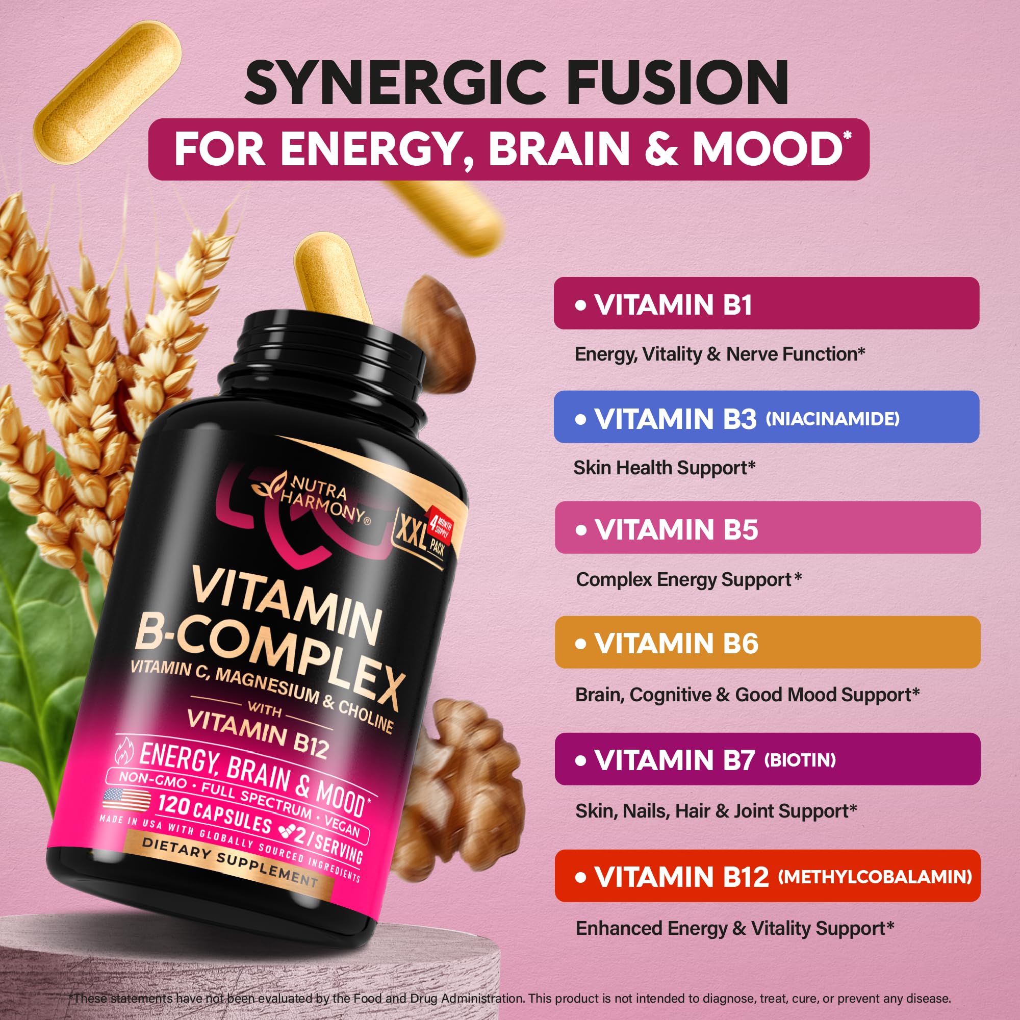 Vitamin B Complex for Men & Women - Made in USA - B-Complex: B1, B2, B3, B5, B6, B7, B8, B9, B12 with Vitamin C, Choline, Inositol - Energy, Brain & Heart Support Supplement, 120 Vegan Capsules