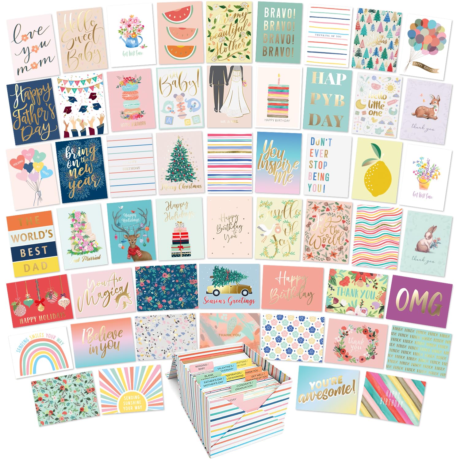 Sweetzer & Orange 100 All Occasion Cards & Envelopes Set - Greeting Notecards Assortment Box - Birthday Cards Bulk for Office, Thank You, Holiday, Blank Notecards & more – Organizer Box Included