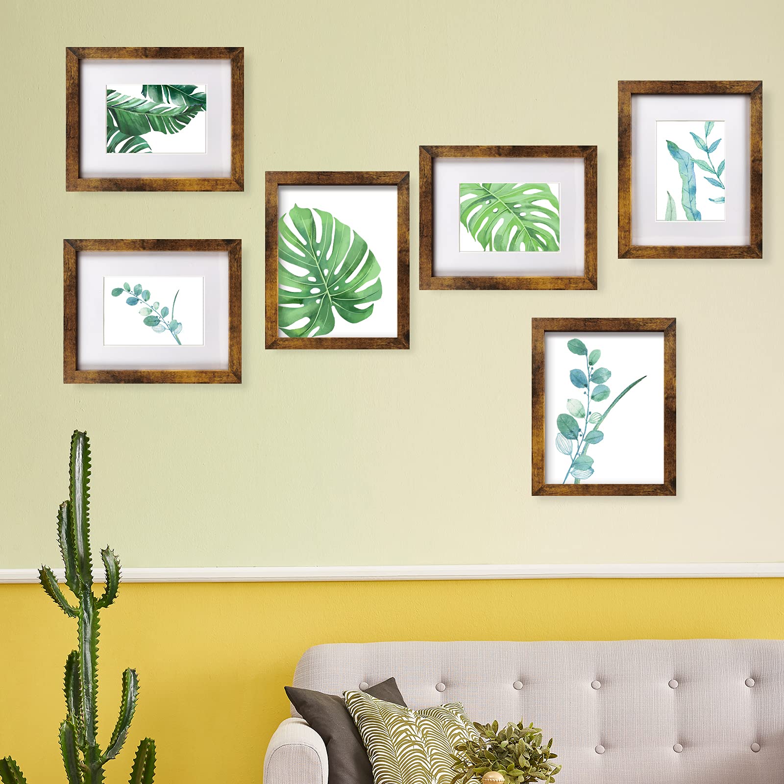 8x10 Picture Frame Brown Set of 6, Display Pictures 5x7 With mat or 8x10 Without Mat