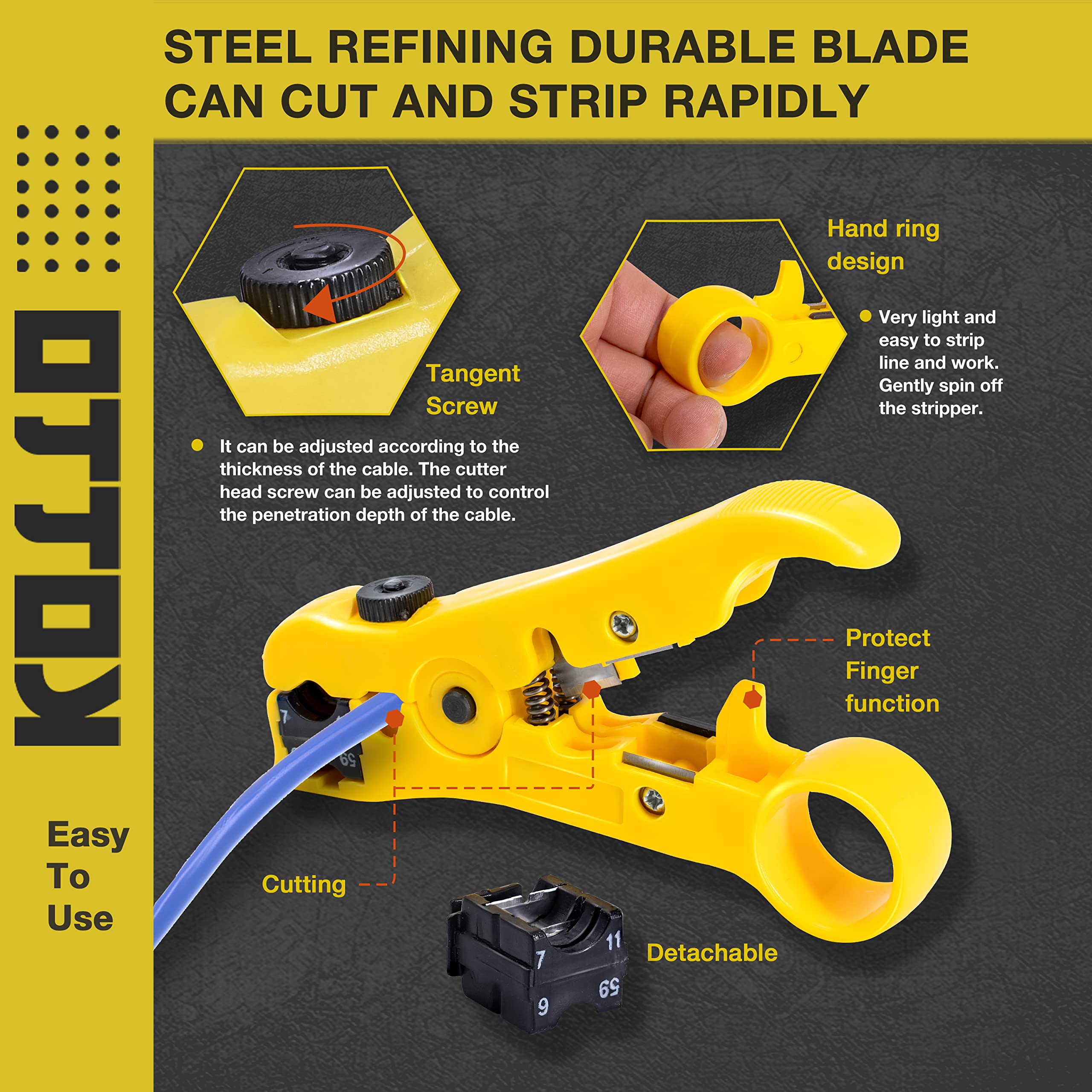 KOTTO Coax Cable Crimper Kit - Adjustable Compression Tool for RG6, RG59, RG11 - Includes Coaxial Cable Stripper and 20 F Compression Connectors